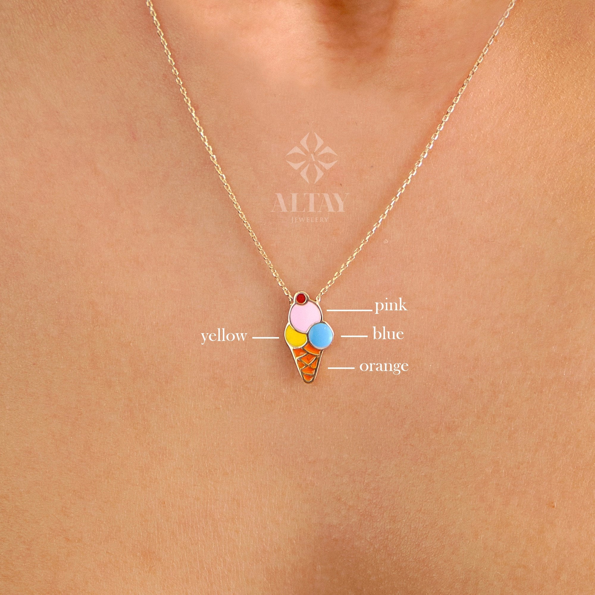 14K Gold Ice Cream Necklace, Ice Cream Pendant, Ice Cream Cone Charm, Enamel Necklace, Colorful Necklace, Summer Choker, Gift For Wife