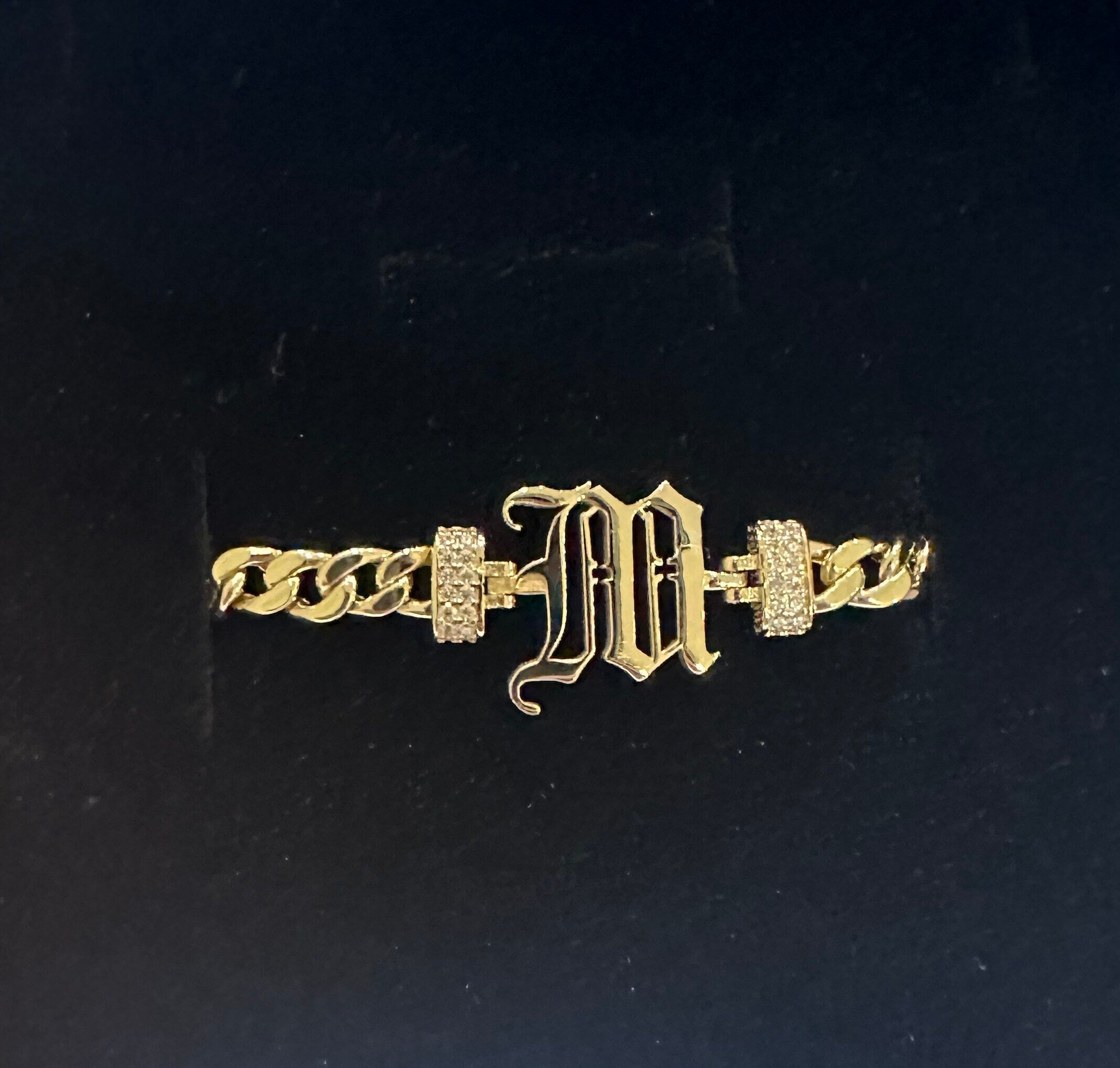 14K Gold Cuban Link Old English Initial Bracelet, 5mm Curb Letter Chain, Custom Gothic Style Name Bracelet, Personalized Gold Bracelet