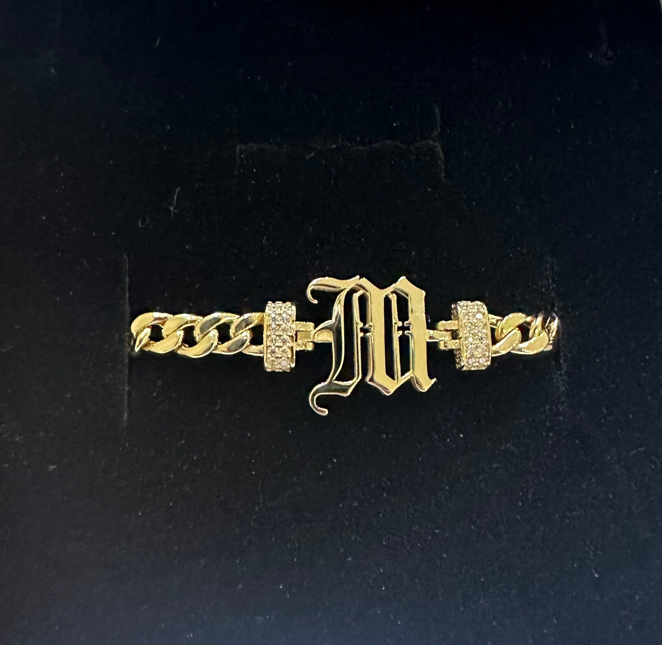 14K Gold Cuban Link Old English Initial Bracelet, 5mm Curb Letter Chain, Custom Gothic Style Name Bracelet, Personalized Gold Bracelet