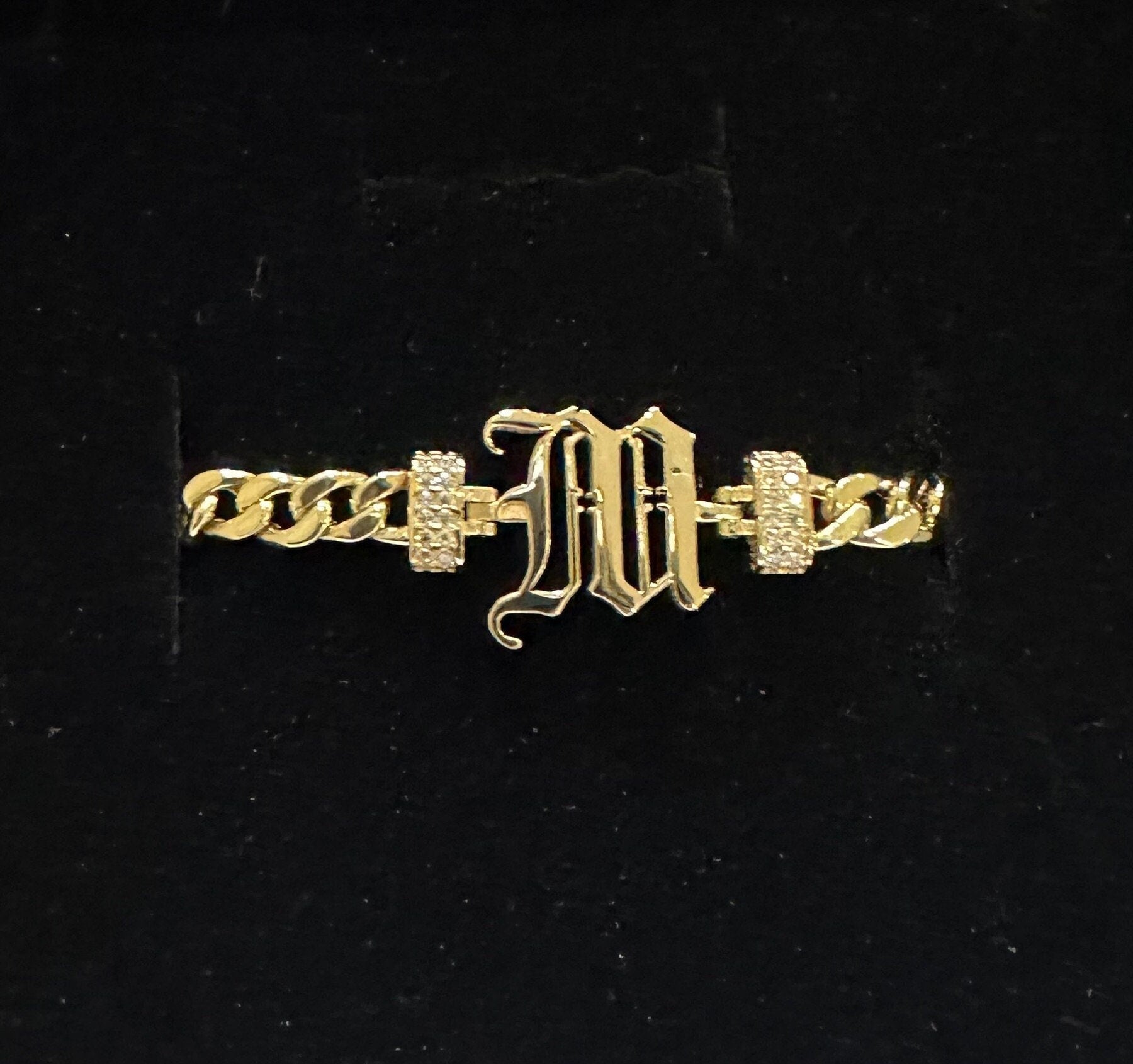 14K Gold Cuban Link Old English Initial Bracelet, 5mm Curb Letter Chain, Custom Gothic Style Name Bracelet, Personalized Gold Bracelet