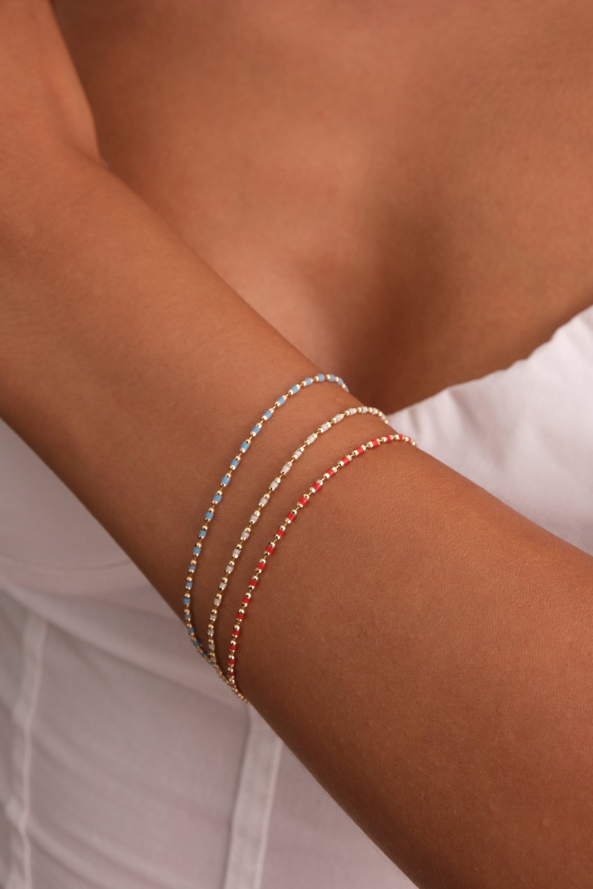 14K Gold Beaded Chain Bracelet, Italian Ball Bead Bracelet, Layering Colorful Bracelet, Gold Colorful Mini Ball Anklet, Men Women Bracelet