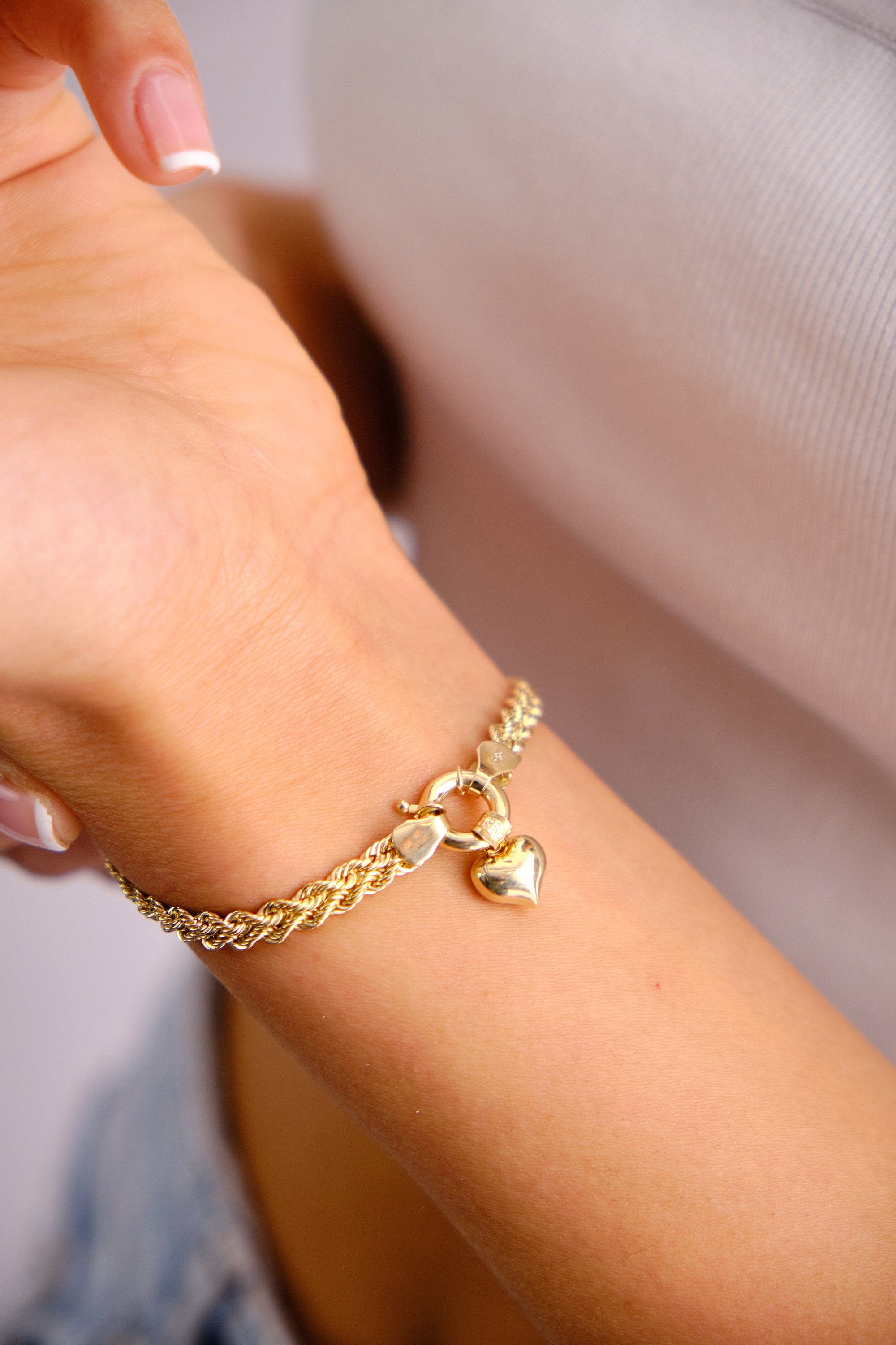14K Gold Rope Chain Bracelet, 4.7mm Dainty Rope Bracelet, Personalized Heart Charm, Custom Engraved Heart Rope Bracelet, Name Bracelet