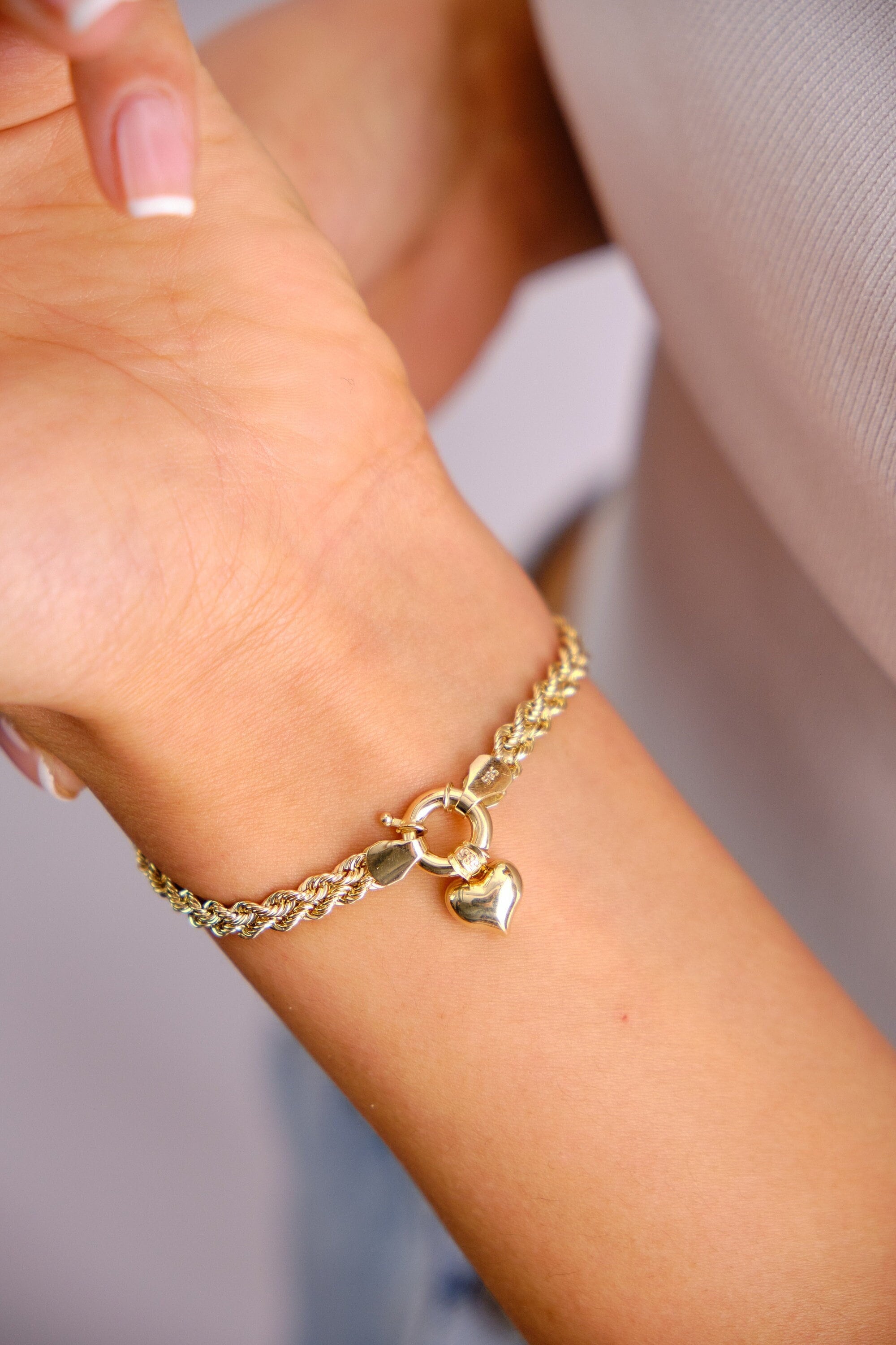 14K Gold Rope Chain Bracelet, 4.7mm Dainty Rope Bracelet, Personalized Heart Charm, Custom Engraved Heart Rope Bracelet, Name Bracelet