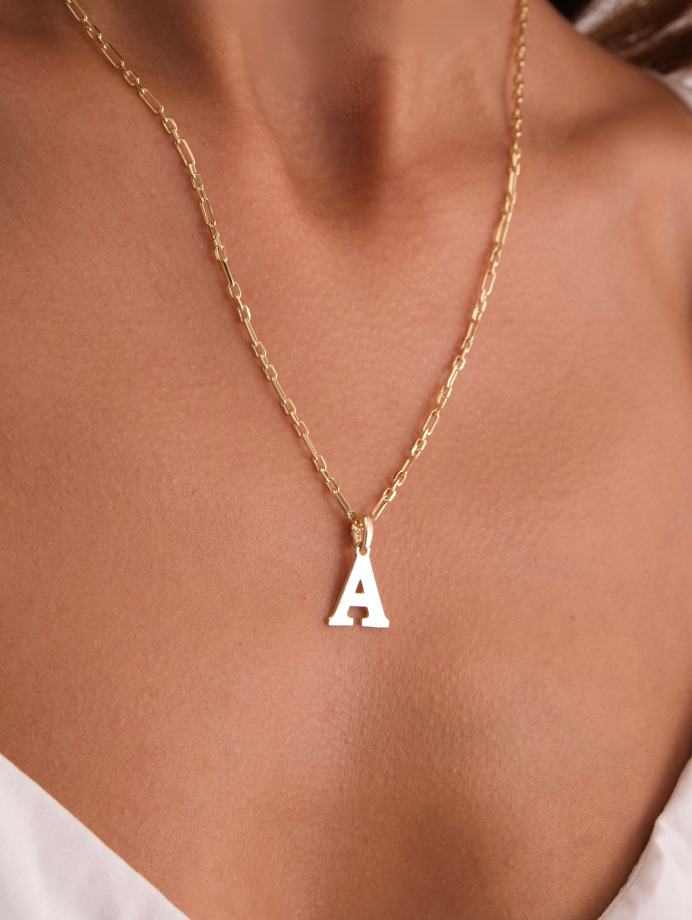 14K Gold Paperclip Chain Necklace, Personalized Initial Necklace, Rectangle Link Choker, Italian Paperclip Chain Necklace, Dainty Layering