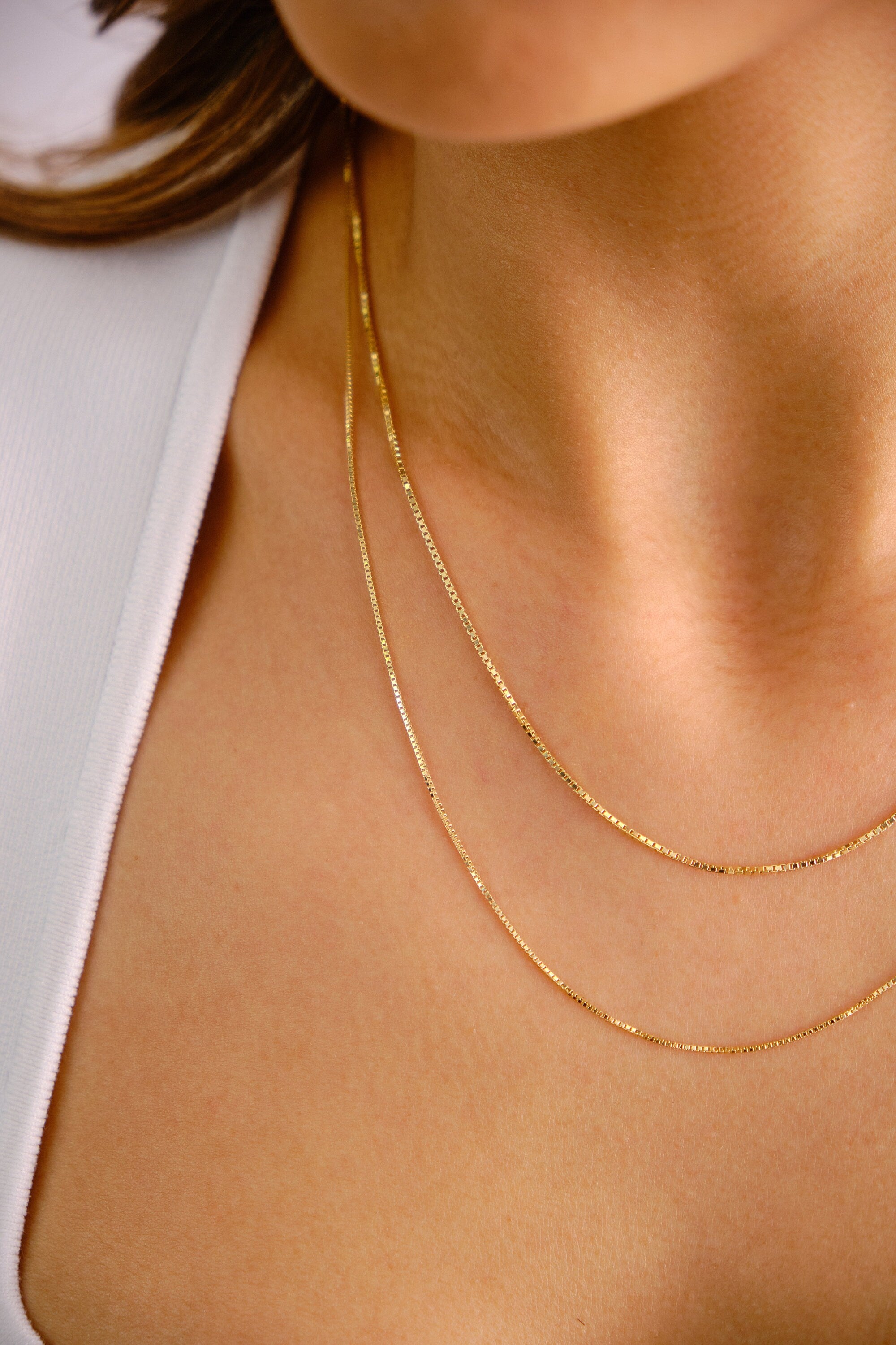 14K Gold Box Chain Necklace, 0.75mm 1mm Box Chain Necklace, Shiny Box Chain Choker, Dainty Layered Necklace, Simple Chain Necklace