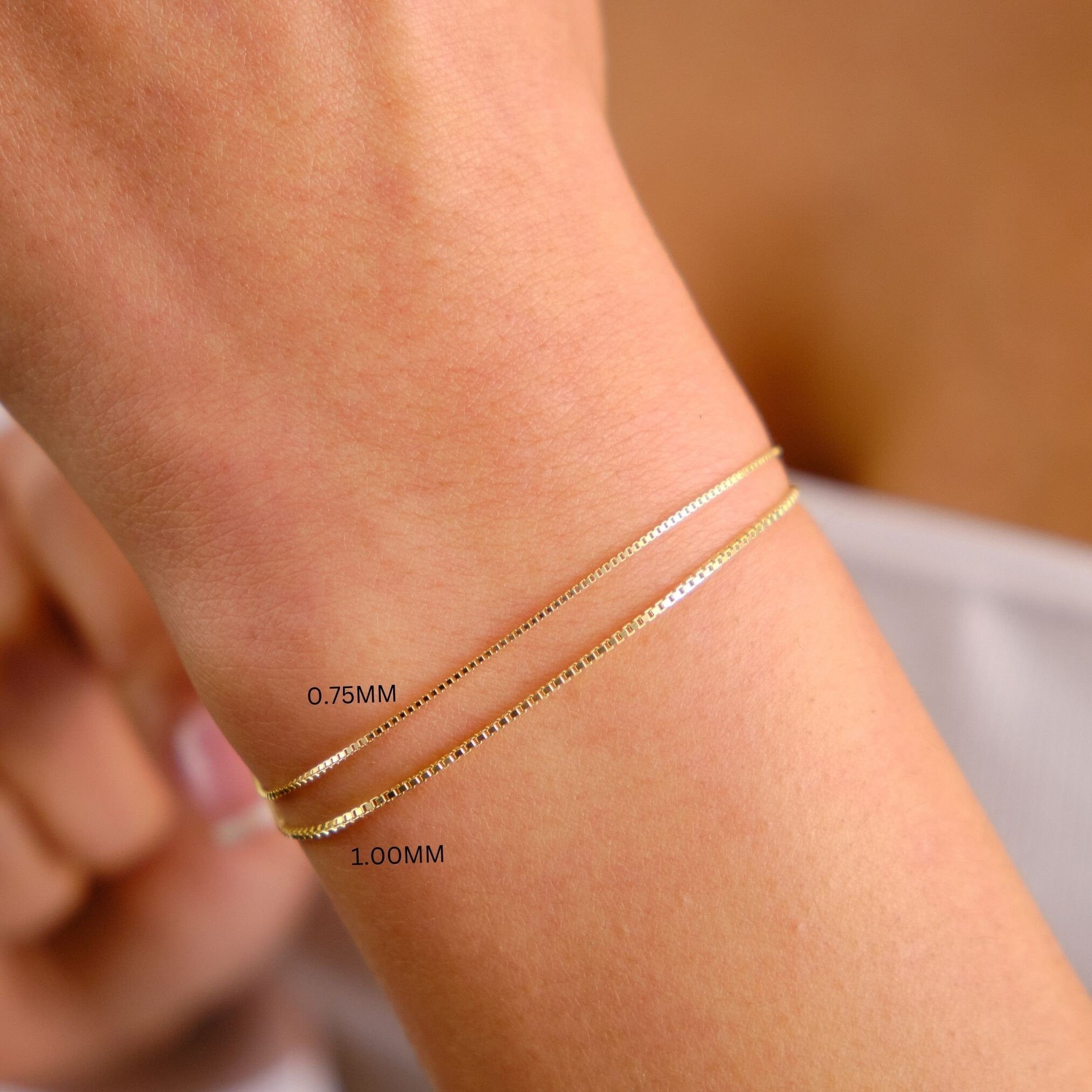 14K Gold Box Chain Bracelet, 0.75mm 1mm Box Chain Bracelet, Shiny Box Chain Anklet, Dainty Layered Bracelet, Simple Chain Bracelet