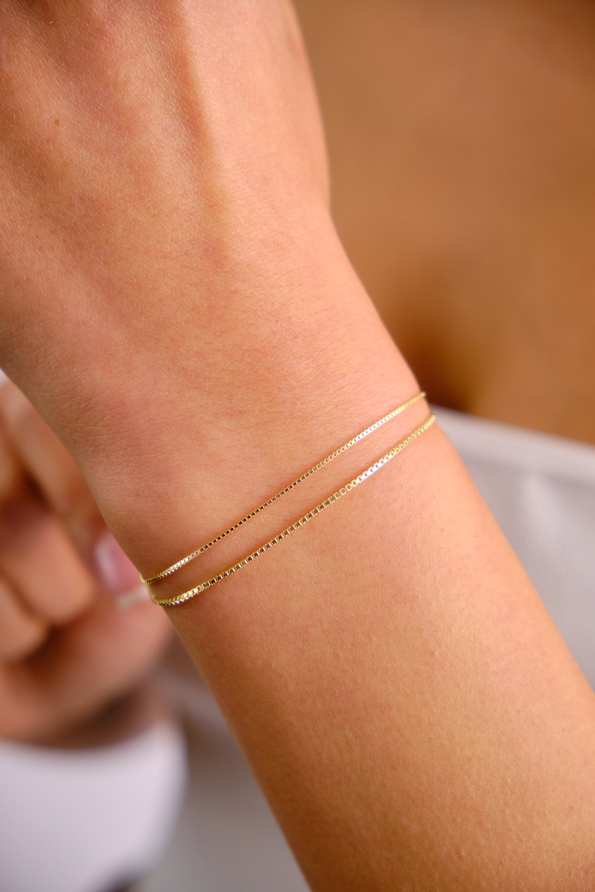 14K Gold Box Chain Bracelet, 0.75mm 1mm Box Chain Bracelet, Shiny Box Chain Anklet, Dainty Layered Bracelet, Simple Chain Bracelet