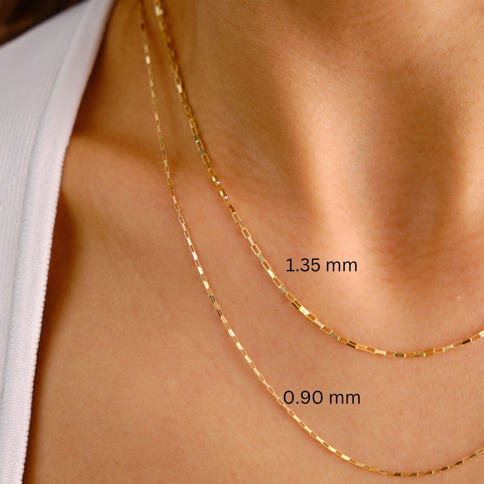 14K Gold Rectangle Box Chain Necklace, 0.90mm 1.35mm Tiny Link Gold Chain Choker, Gold Paperclip Venetian Box Chain, Layering Elongated Link