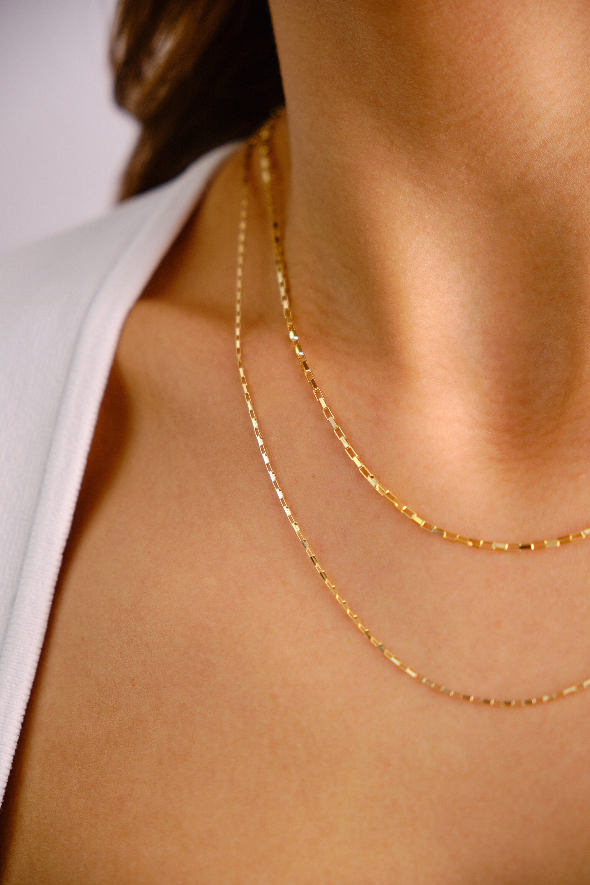 14K Gold Rectangle Box Chain Necklace, 0.90mm 1.35mm Tiny Link Gold Chain Choker, Gold Paperclip Venetian Box Chain, Layering Elongated Link