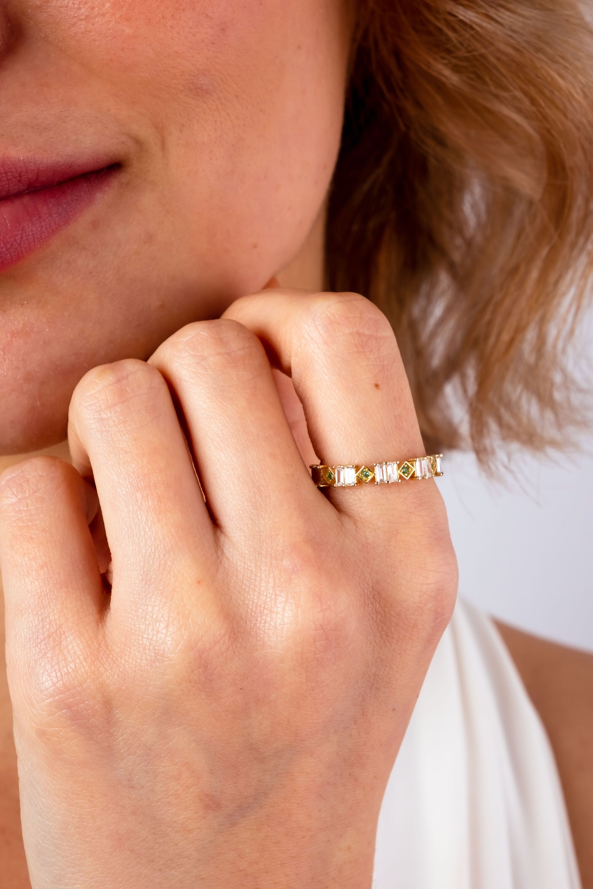 14K Gold Baguette Cz Diamond Ring, Emerald Eternity Ring, Cz Diamond Eternity Band, Wedding Ring, Stackable Baguette Green Gemstone Ring