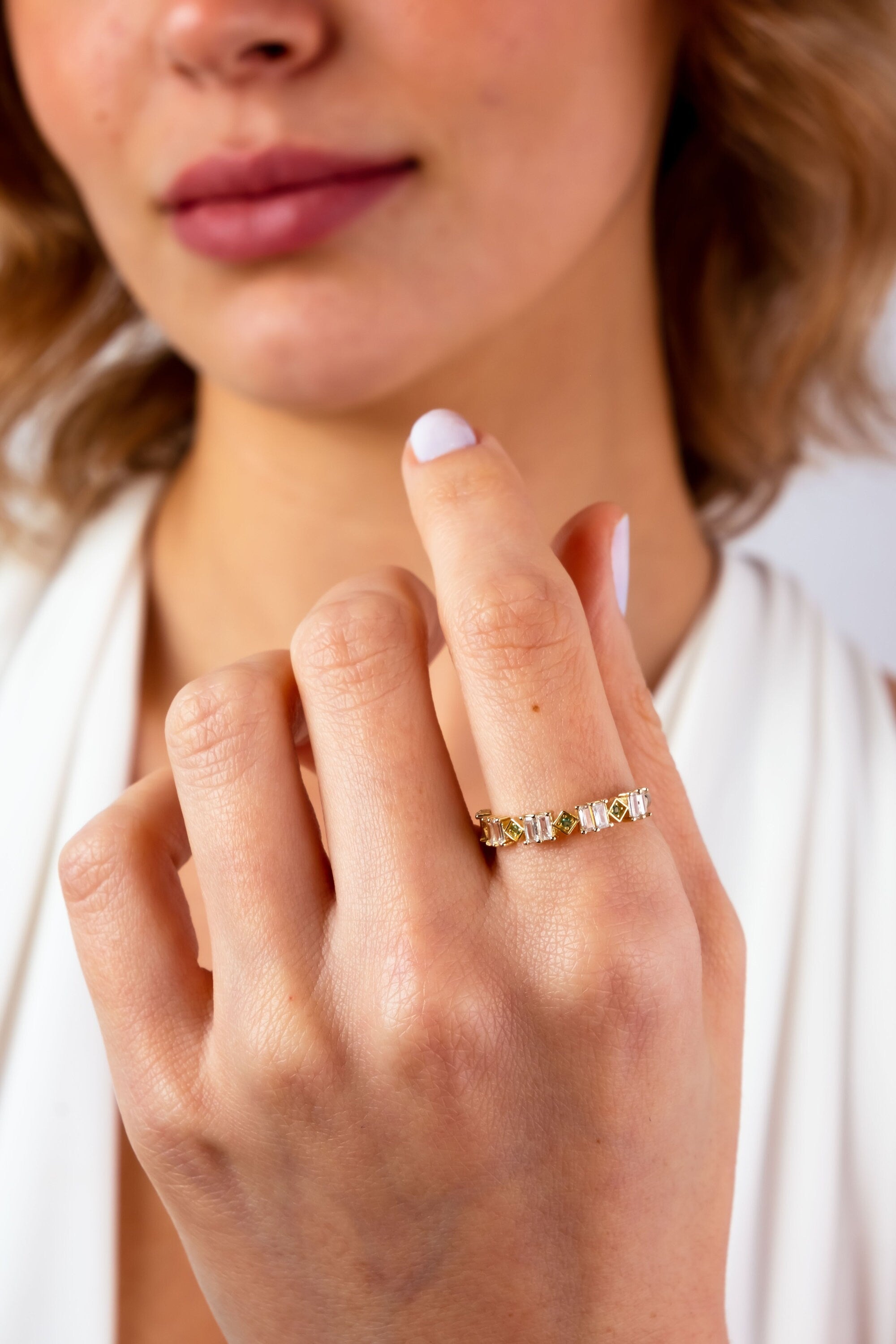14K Gold Baguette Cz Diamond Ring, Emerald Eternity Ring, Cz Diamond Eternity Band, Wedding Ring, Stackable Baguette Green Gemstone Ring
