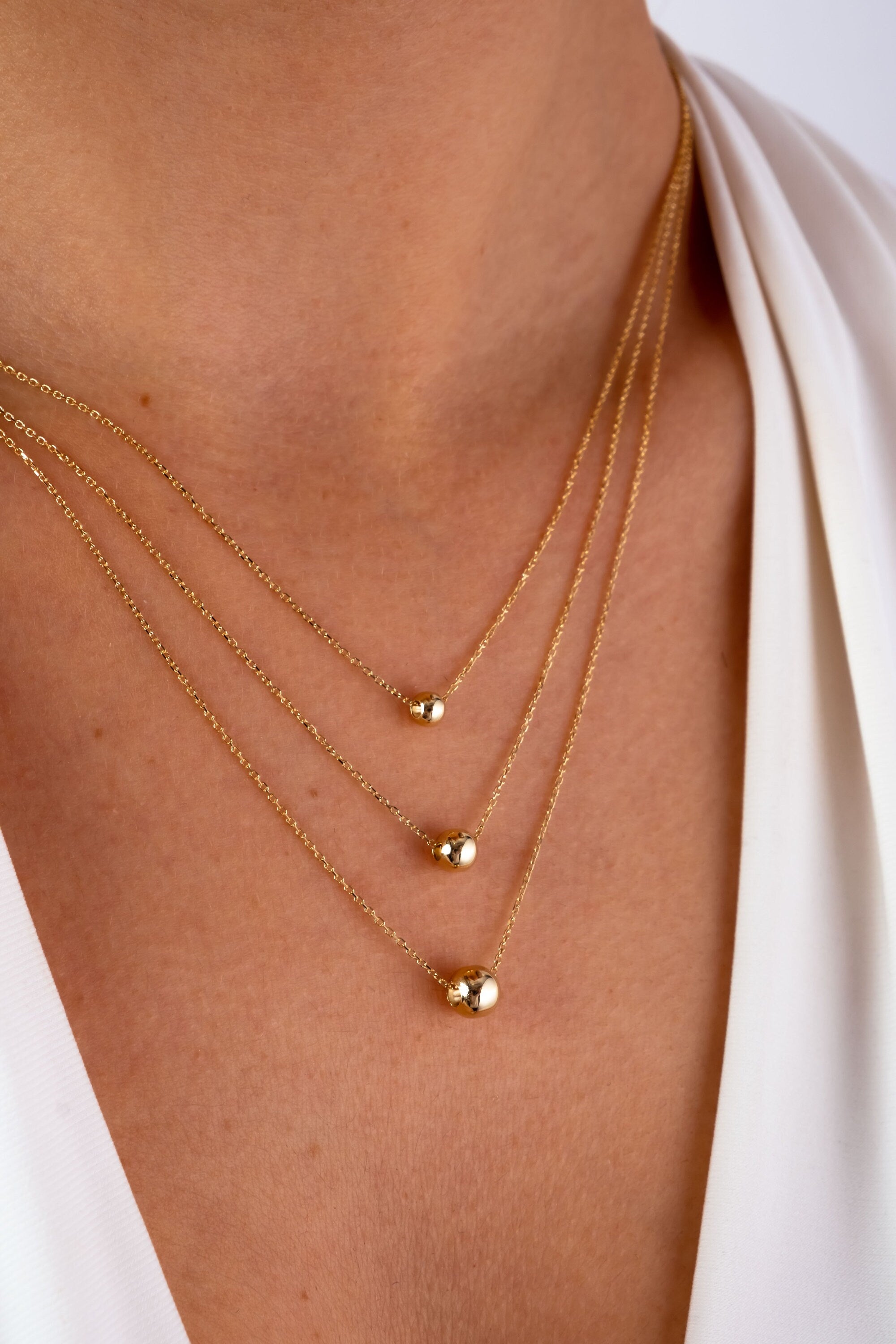 14K Gold Ball Necklace, 3 4 5 mm Gold Ball Necklace, Gold Sphere Necklace, Round Bead Floating Necklace, Dainty Gold Tiny Bead Choker