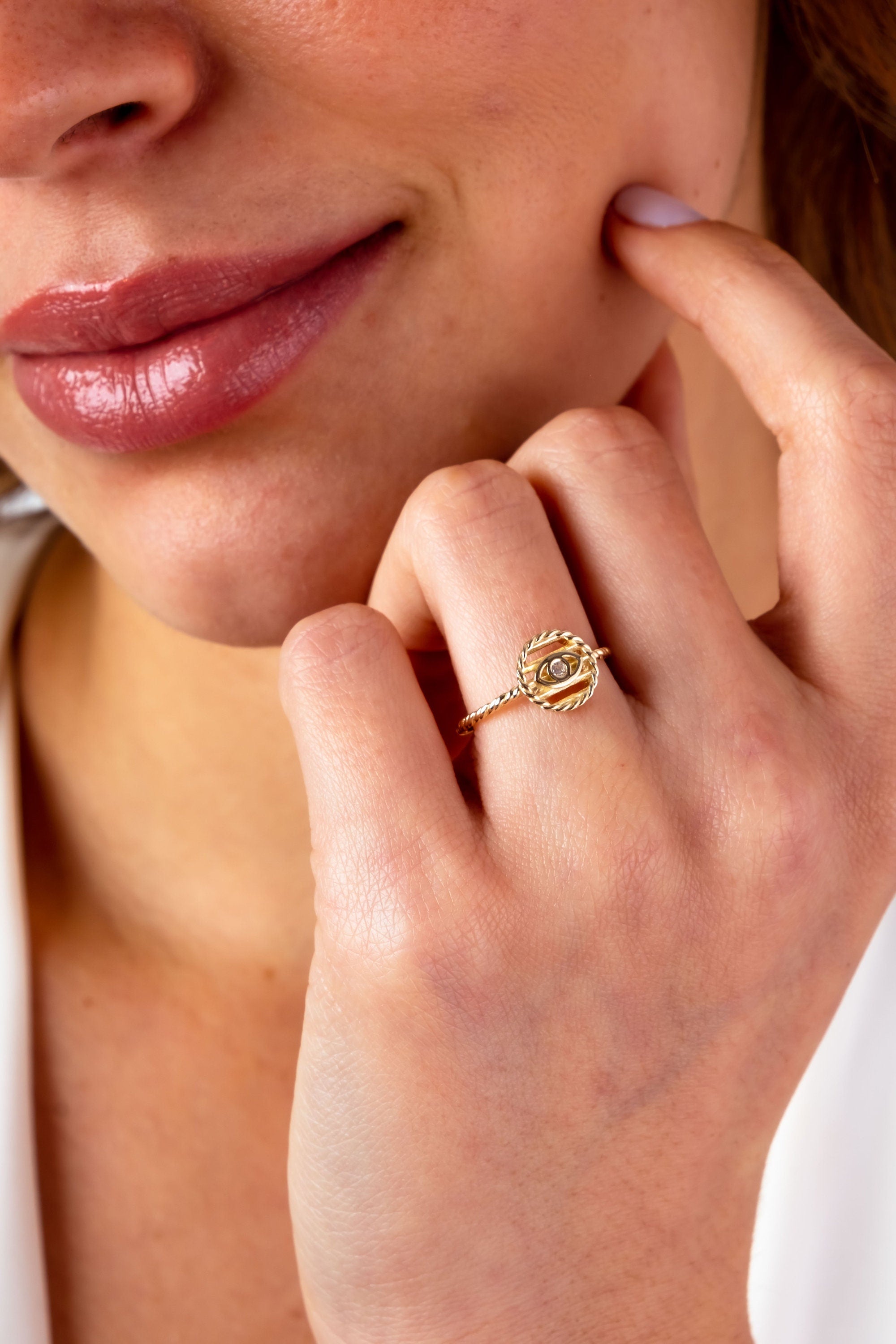 14K Gold Round Evil Eye Ring, Tiny Third Eye Ring, Minimal Protection Band Ring, Simple Small Engagement Ring, Religious Good Luck Jewelry