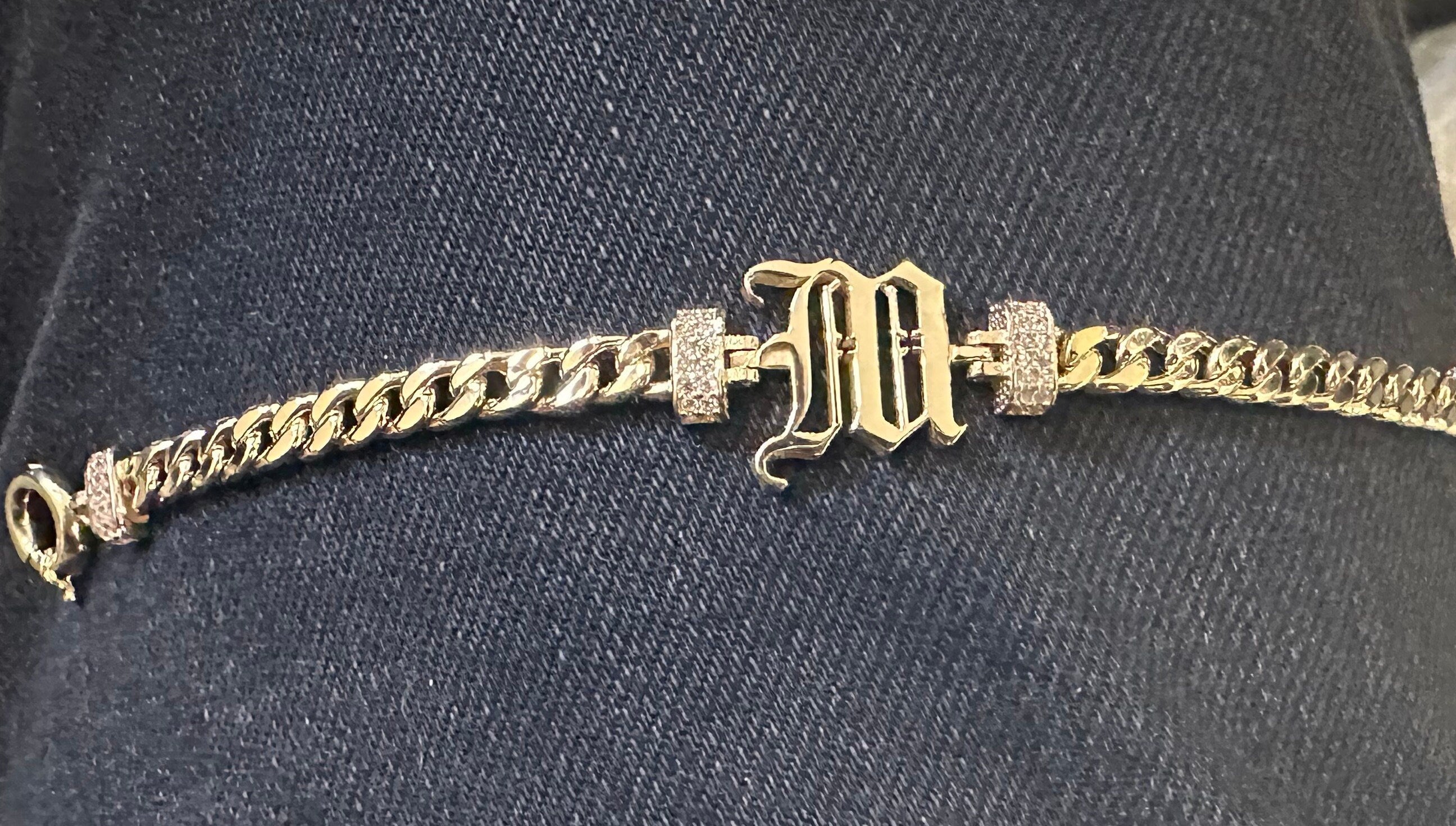 14K Gold Cuban Link Old English Initial Bracelet, 5mm Curb Letter Chain, Custom Gothic Style Name Bracelet, Personalized Gold Bracelet