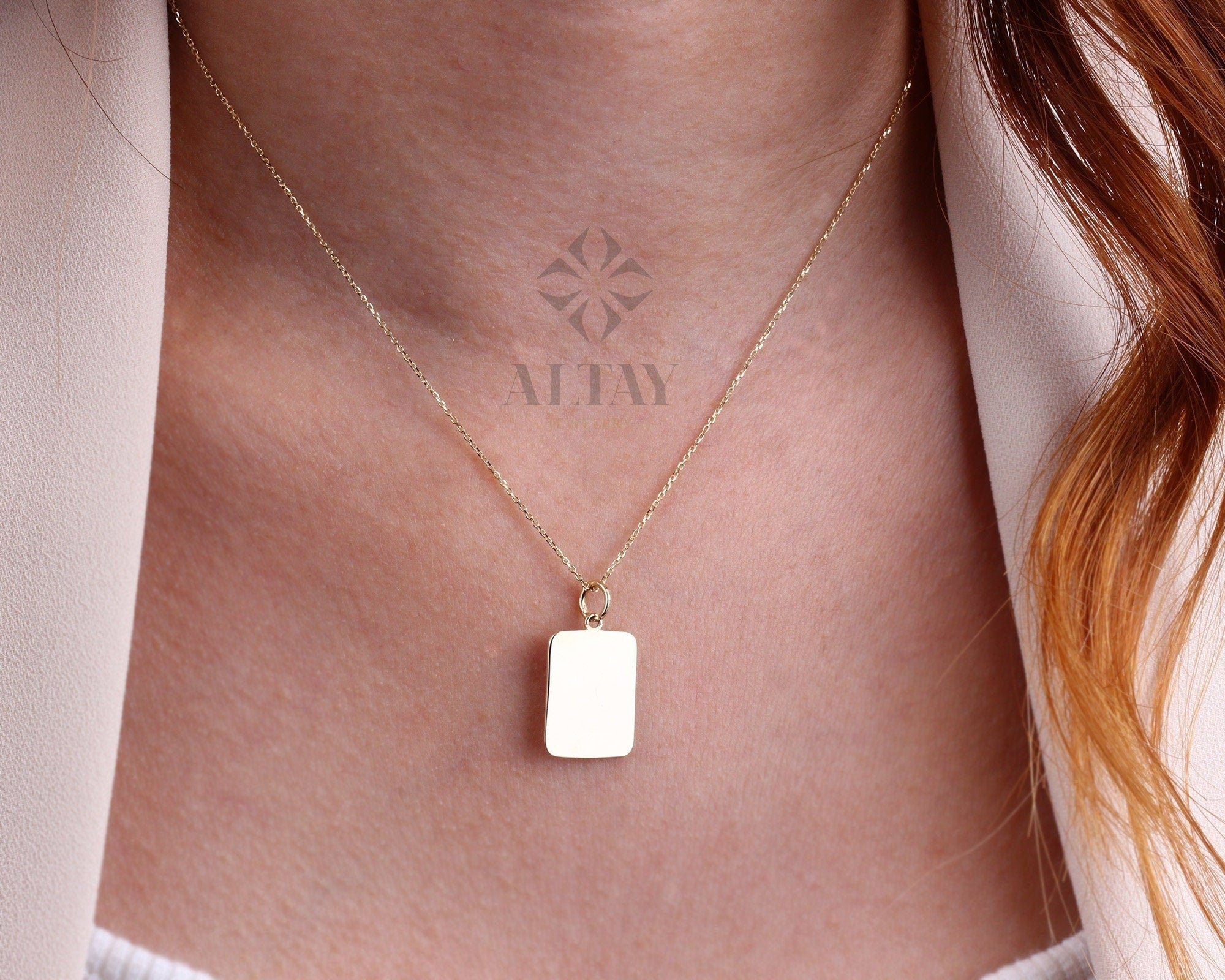 14K Gold Rectangle ID Necklace, Personalized Initial Choker, Custom Name Charm, Medical ID Necklace, Engraved Date Pendant, Gift For Her