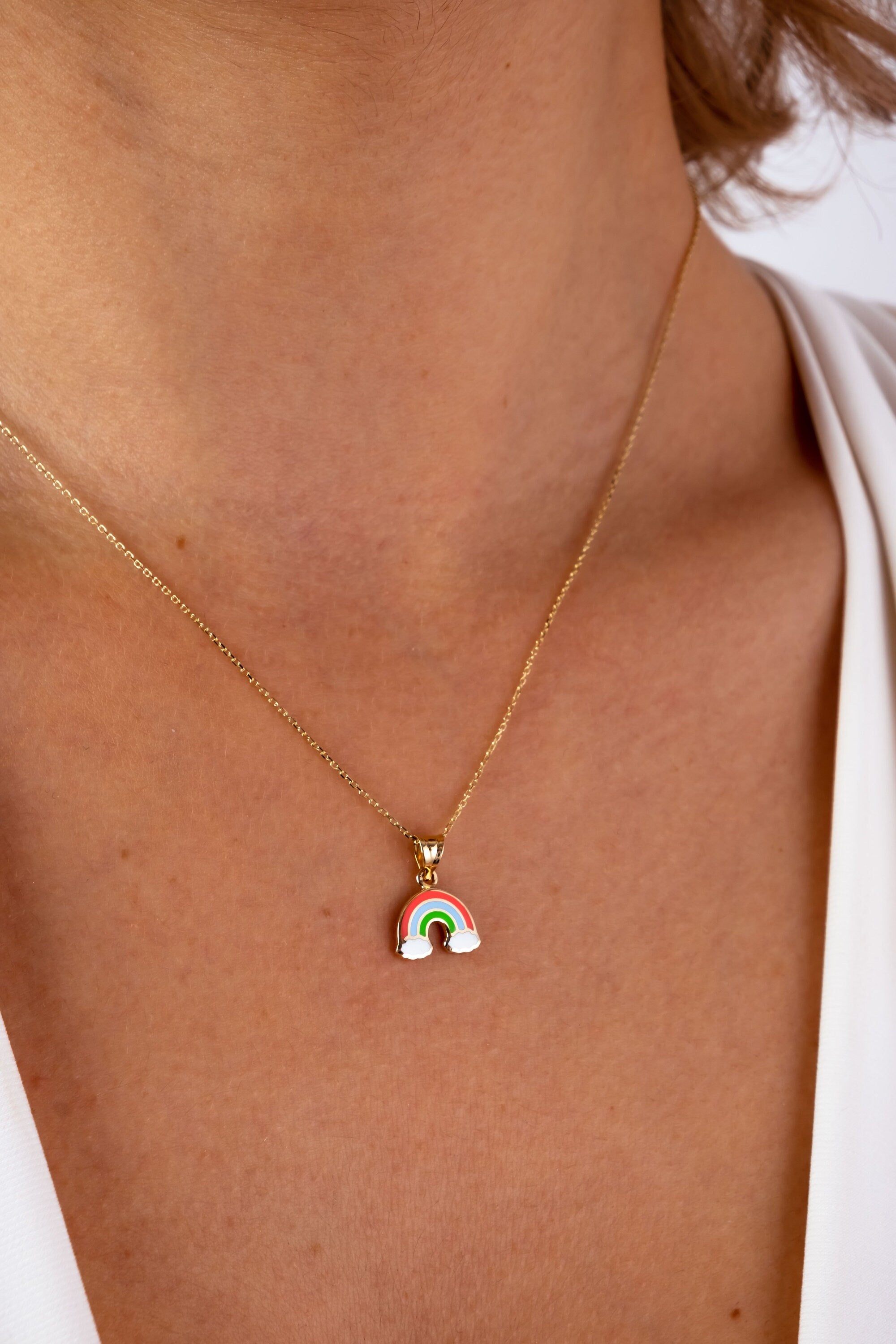 14K Gold Rainbow Necklace, Rainbow Pendant Necklace, Dainty Gold Necklace, Colorful Friendship Necklace, Pride Charm Choker, Gift For Her