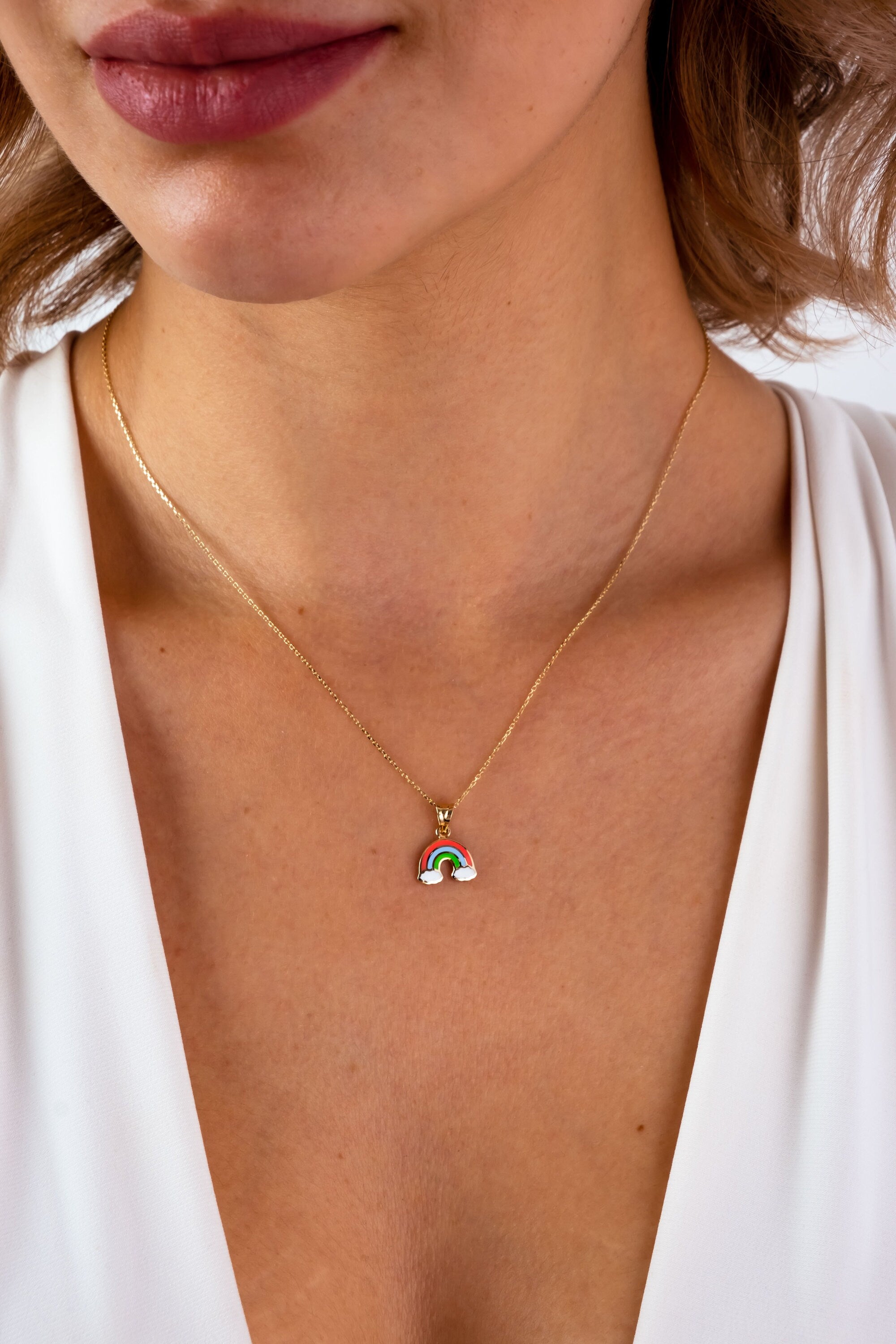 14K Gold Rainbow Necklace, Rainbow Pendant Necklace, Dainty Gold Necklace, Colorful Friendship Necklace, Pride Charm Choker, Gift For Her