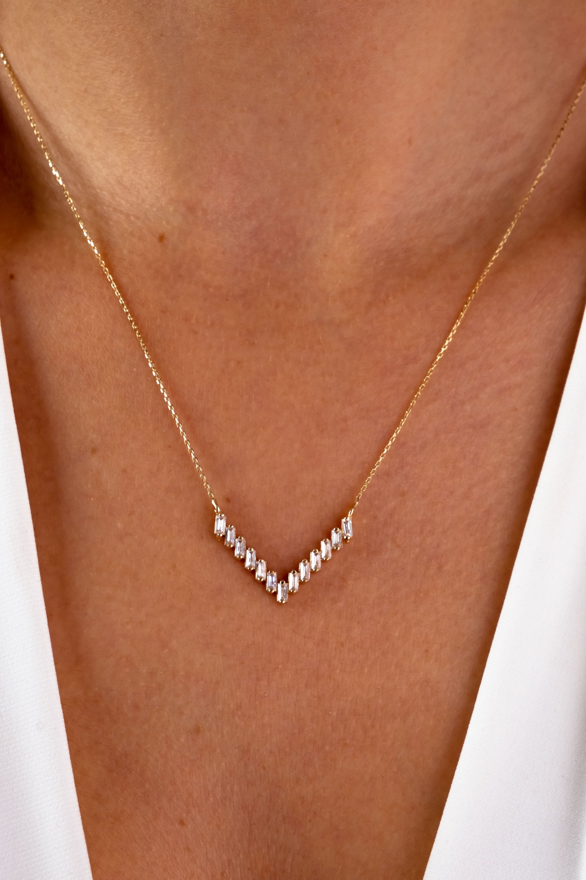 14K Gold V Shaped Necklace, CZ Baguette Diamond Chevron Pendant Necklace, Minimalist Geometric Chevron V Charm, Wedding Gift For Her