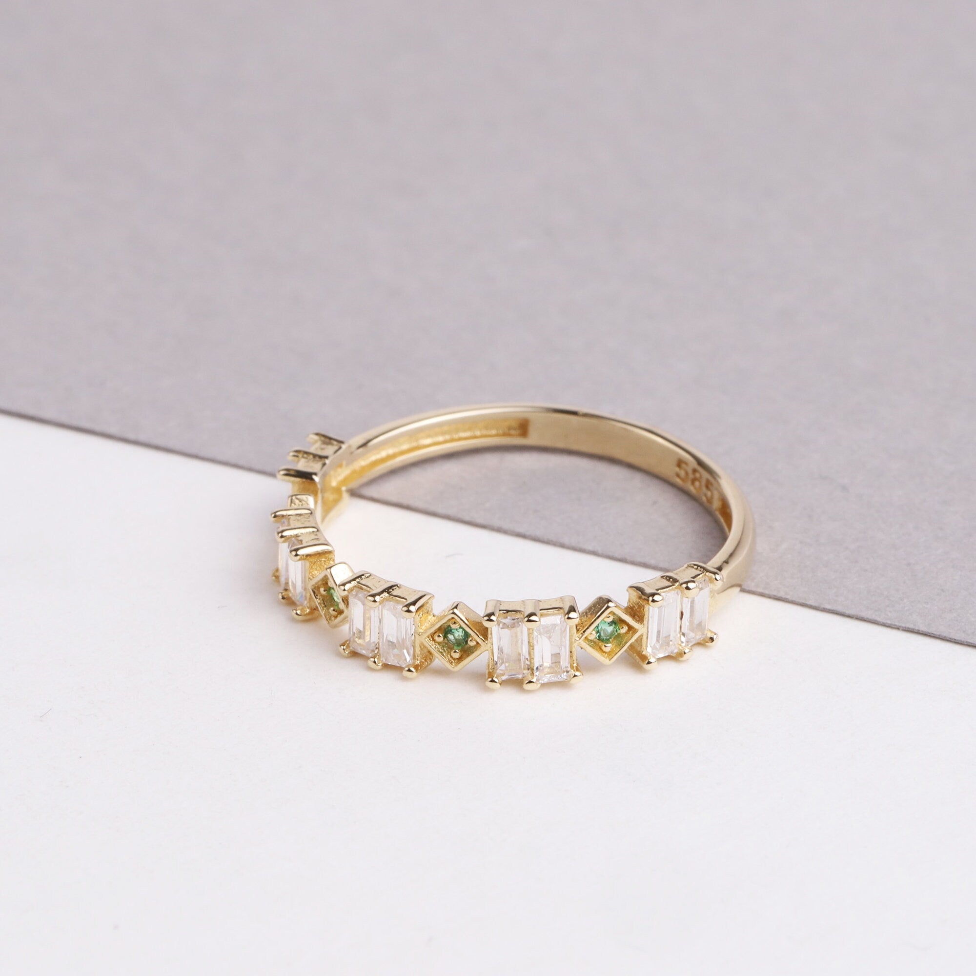 14K Gold Baguette Cz Diamond Ring, Emerald Eternity Ring, Cz Diamond Eternity Band, Wedding Ring, Stackable Baguette Green Gemstone Ring