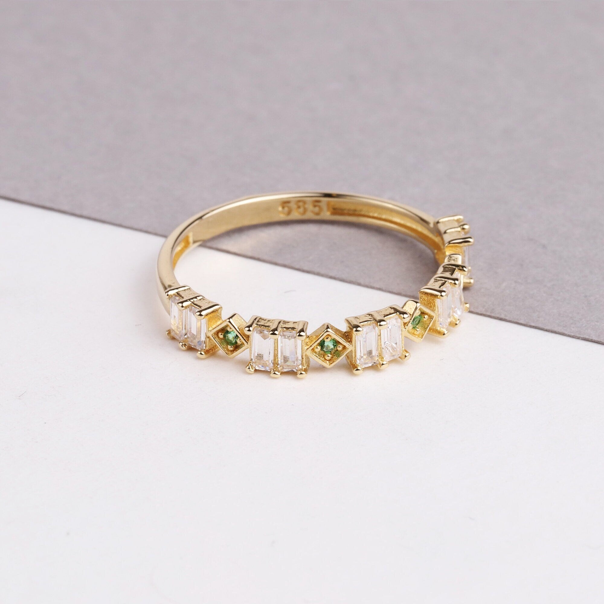 14K Gold Baguette Cz Diamond Ring, Emerald Eternity Ring, Cz Diamond Eternity Band, Wedding Ring, Stackable Baguette Green Gemstone Ring