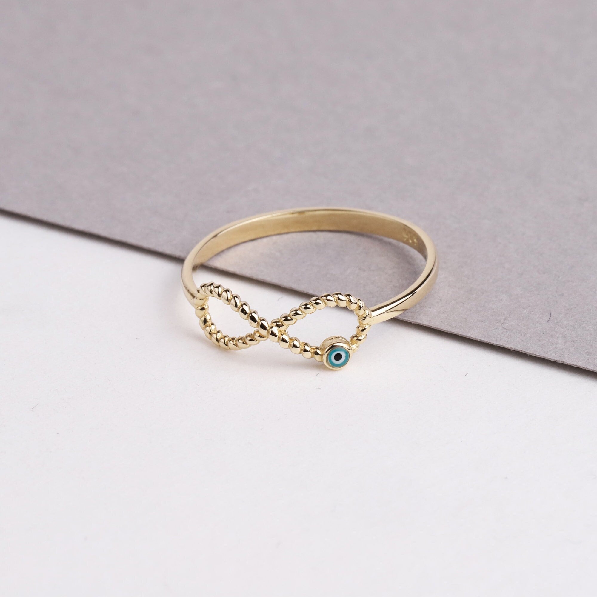14K Gold Infinity Ring, Evil Eye Ring, Blue Eye, Luck Symbol Ring, Minimalist Jewelry, Dainty Ring, Stackable Ring, Gift For Her, DailyWear