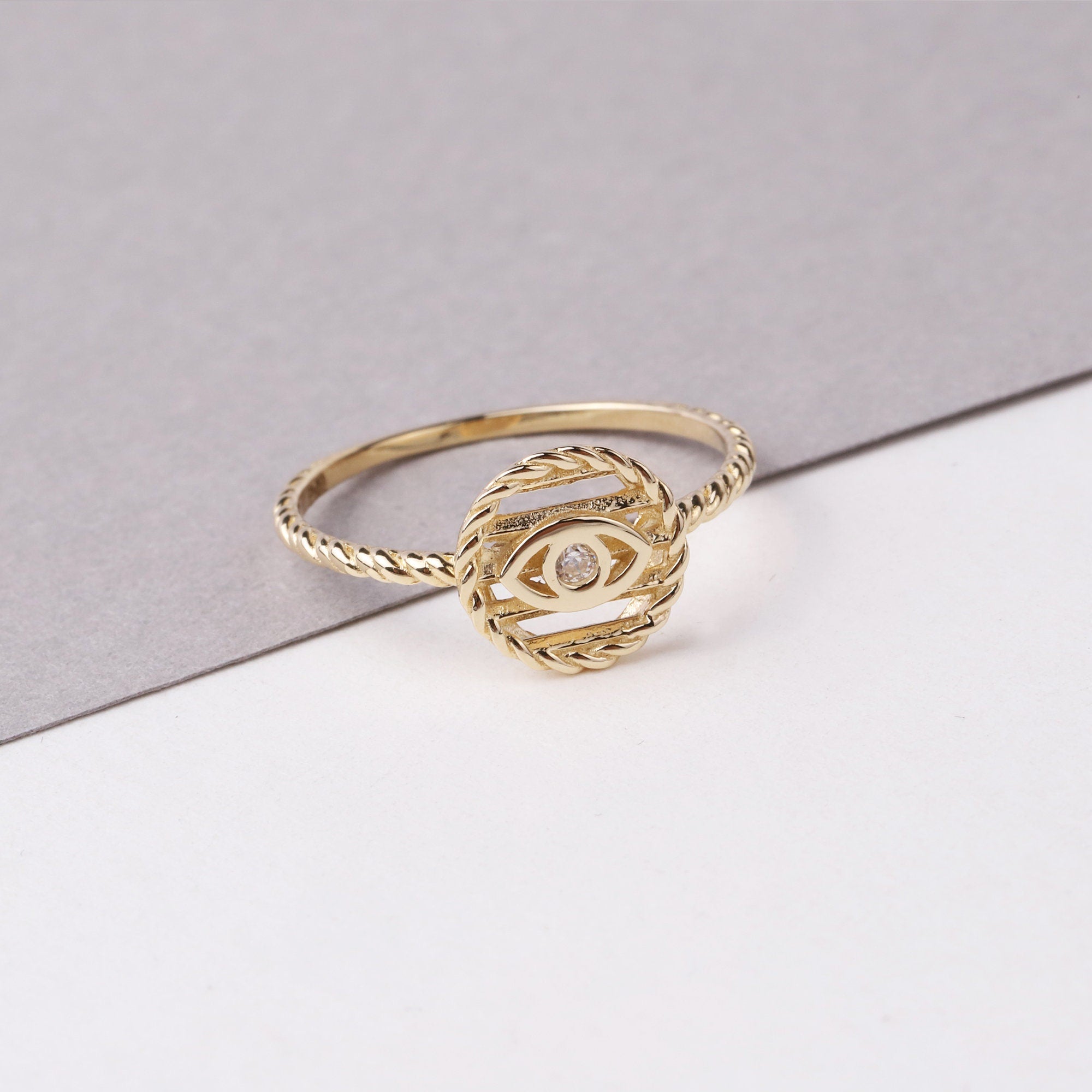14K Gold Round Evil Eye Ring, Tiny Third Eye Ring, Minimal Protection Band Ring, Simple Small Engagement Ring, Religious Good Luck Jewelry