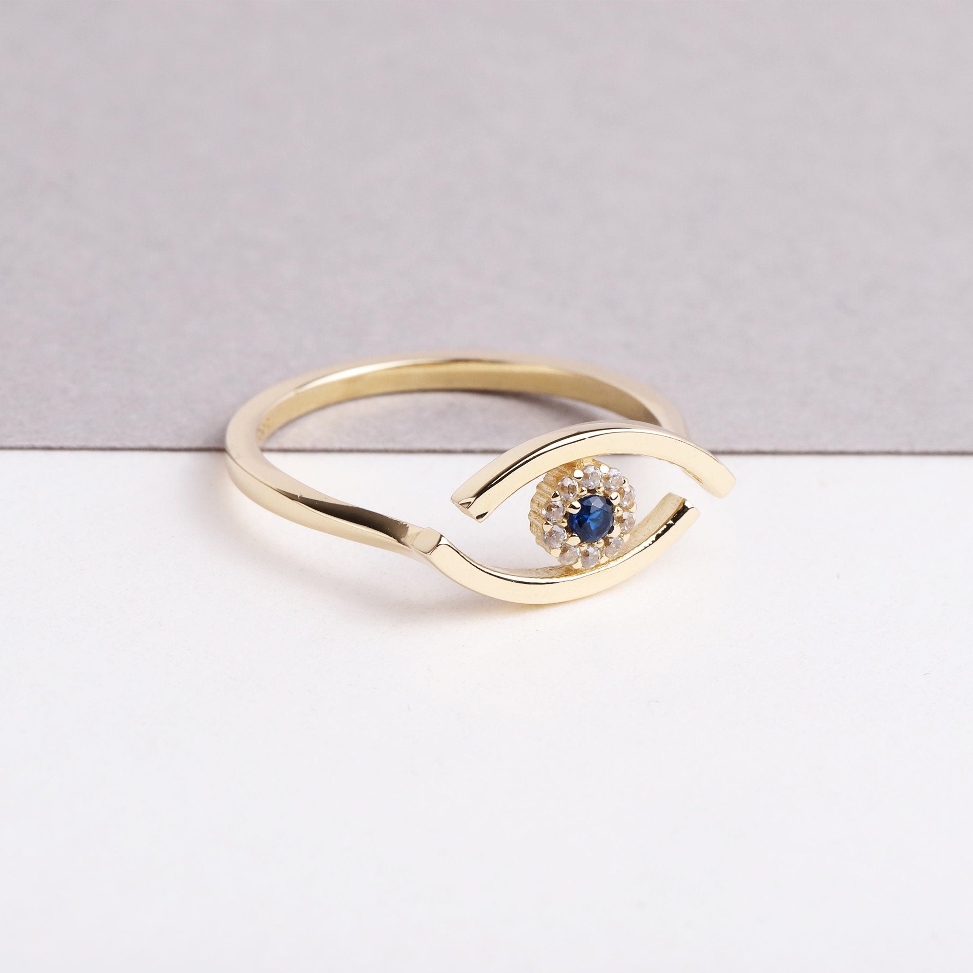 14K Gold Evil Eye Ring, Evil Eye CZ Diamond Band Ring, Hamsa Ring, Sapphire Ring for Women, Third Eye Ring, Delicate Pinky Protection Ring
