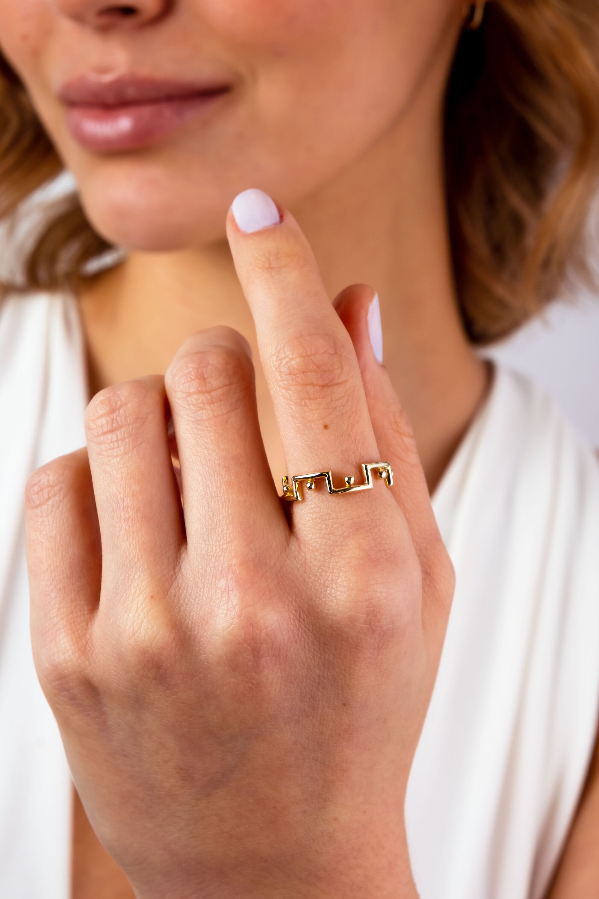 14K Gold Edge Ring, Dainty Geometric Bead Ring, Chunky Edge Gold Ring, Designer Thick Band Statement Ring, Angular Ring Real Gold