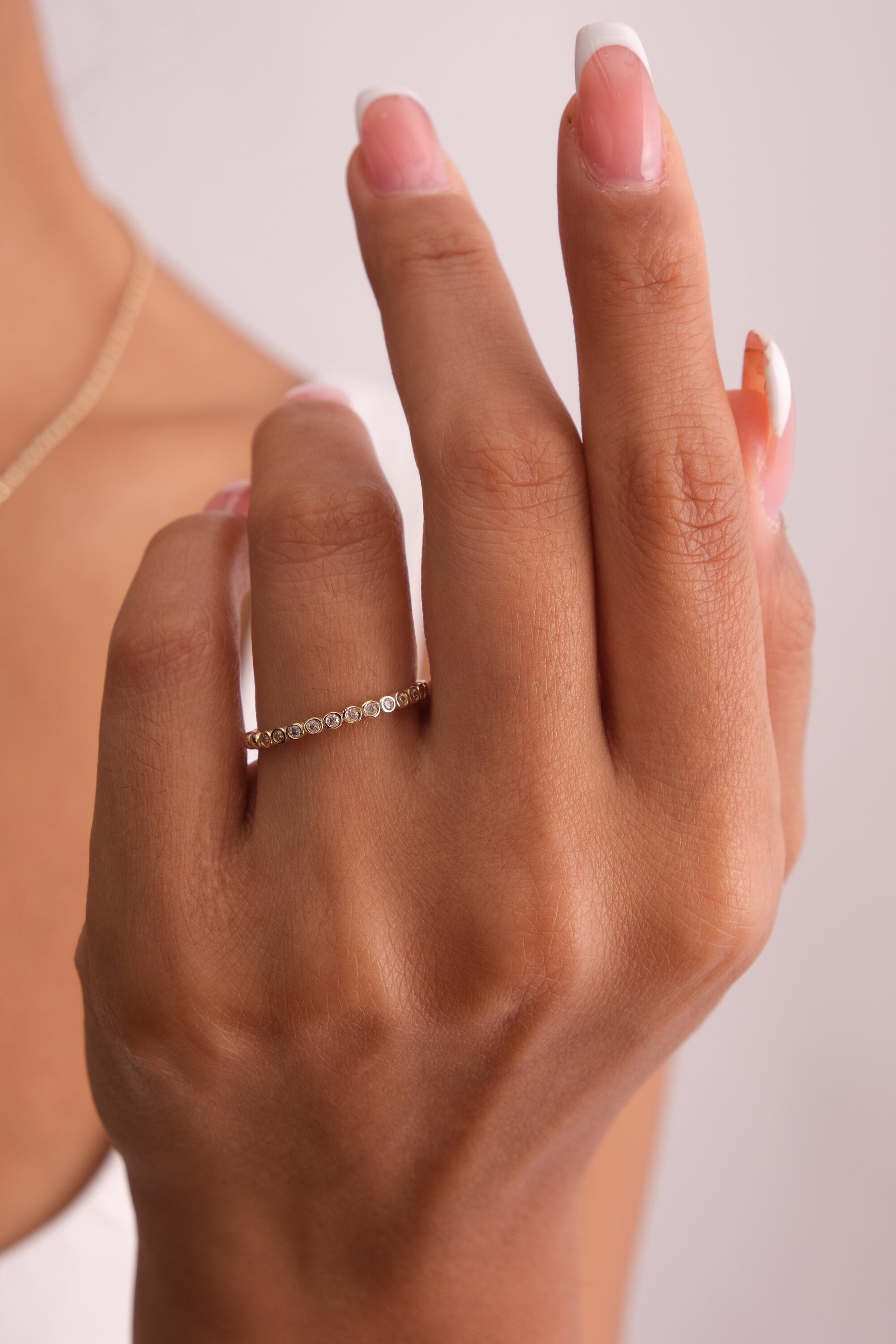 14K Gold Bezel Dot Ring, 2mm Beaded Gold Ring, Half Eternity Band Ring, Gold Thumb Ring, Eternity Ball Ring, Minimalist Wedding Band Ring
