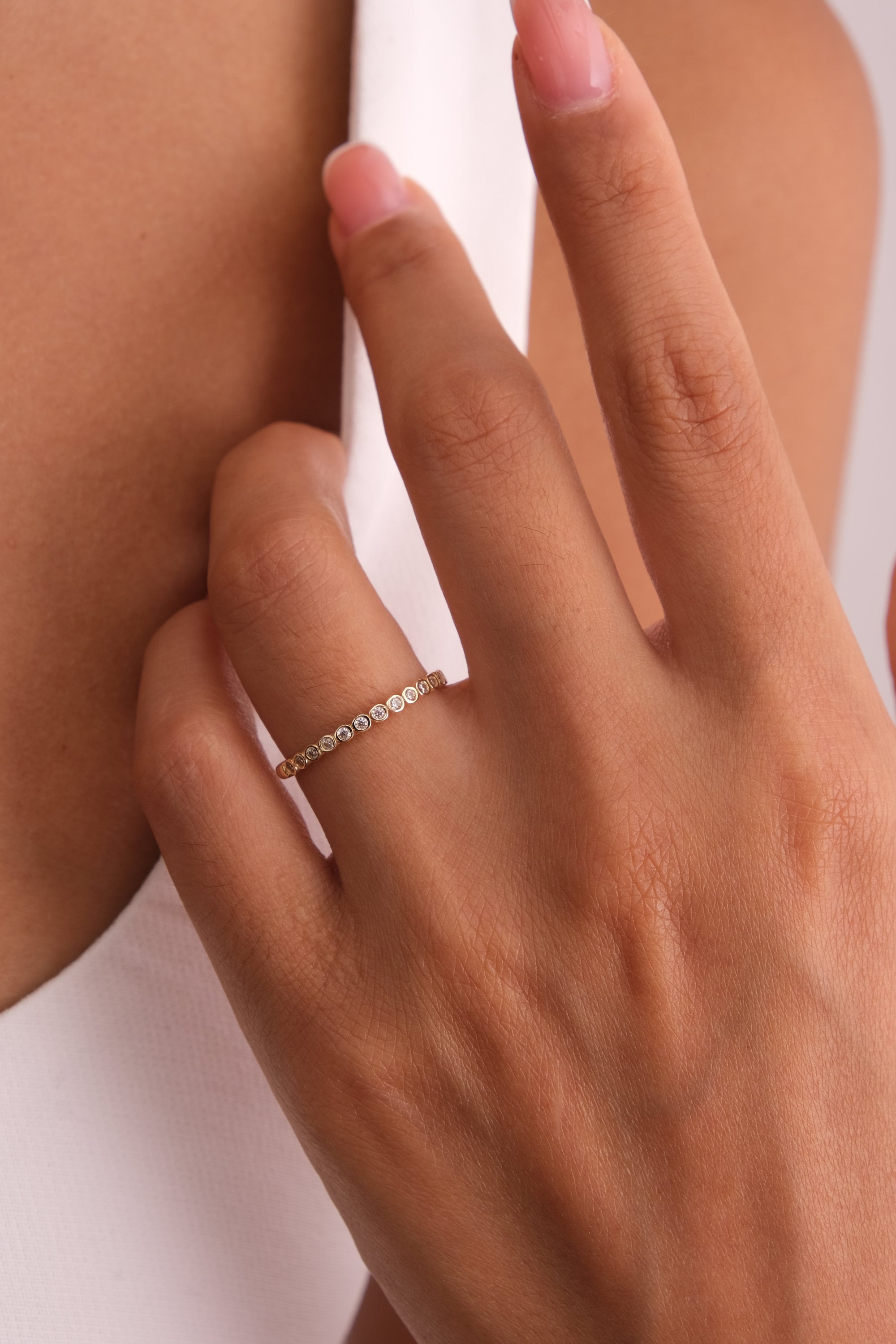 14K Gold Bezel Dot Ring, 2mm Beaded Gold Ring, Half Eternity Band Ring, Gold Thumb Ring, Eternity Ball Ring, Minimalist Wedding Band Ring