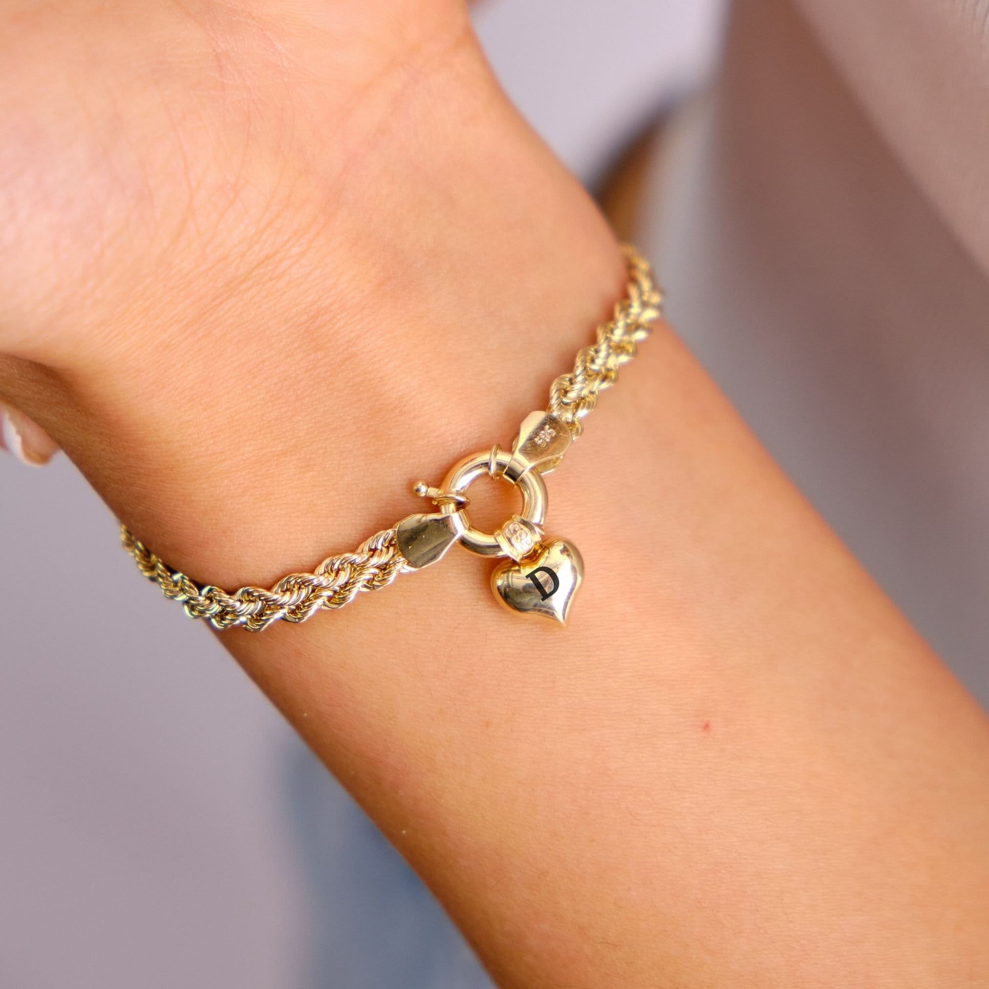 14K Gold Rope Chain Bracelet, 4.7mm Dainty Rope Bracelet, Personalized Heart Charm, Custom Engraved Heart Rope Bracelet, Name Bracelet