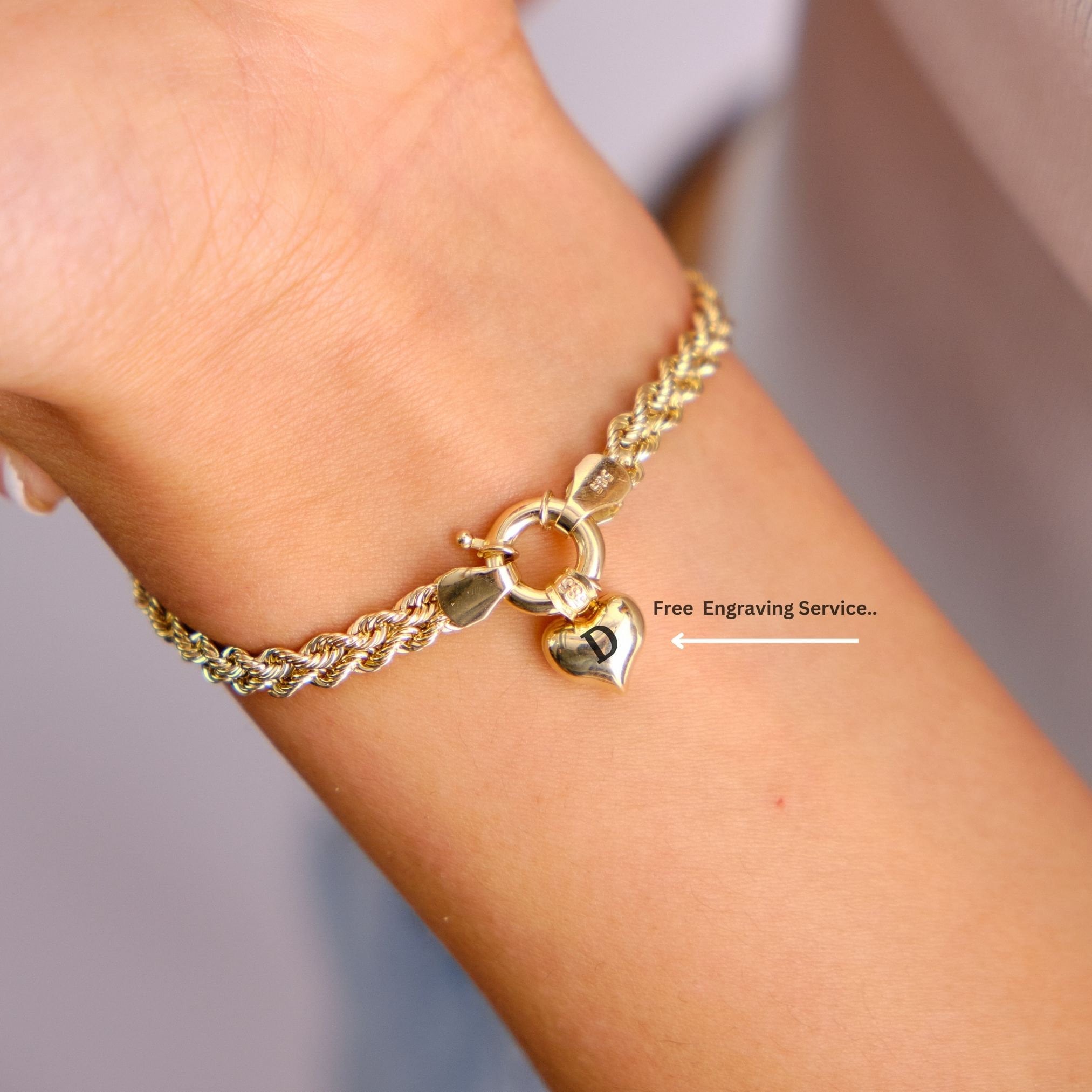 14K Gold Rope Chain Bracelet, 4.7mm Dainty Rope Bracelet, Personalized Heart Charm, Custom Engraved Heart Rope Bracelet, Name Bracelet
