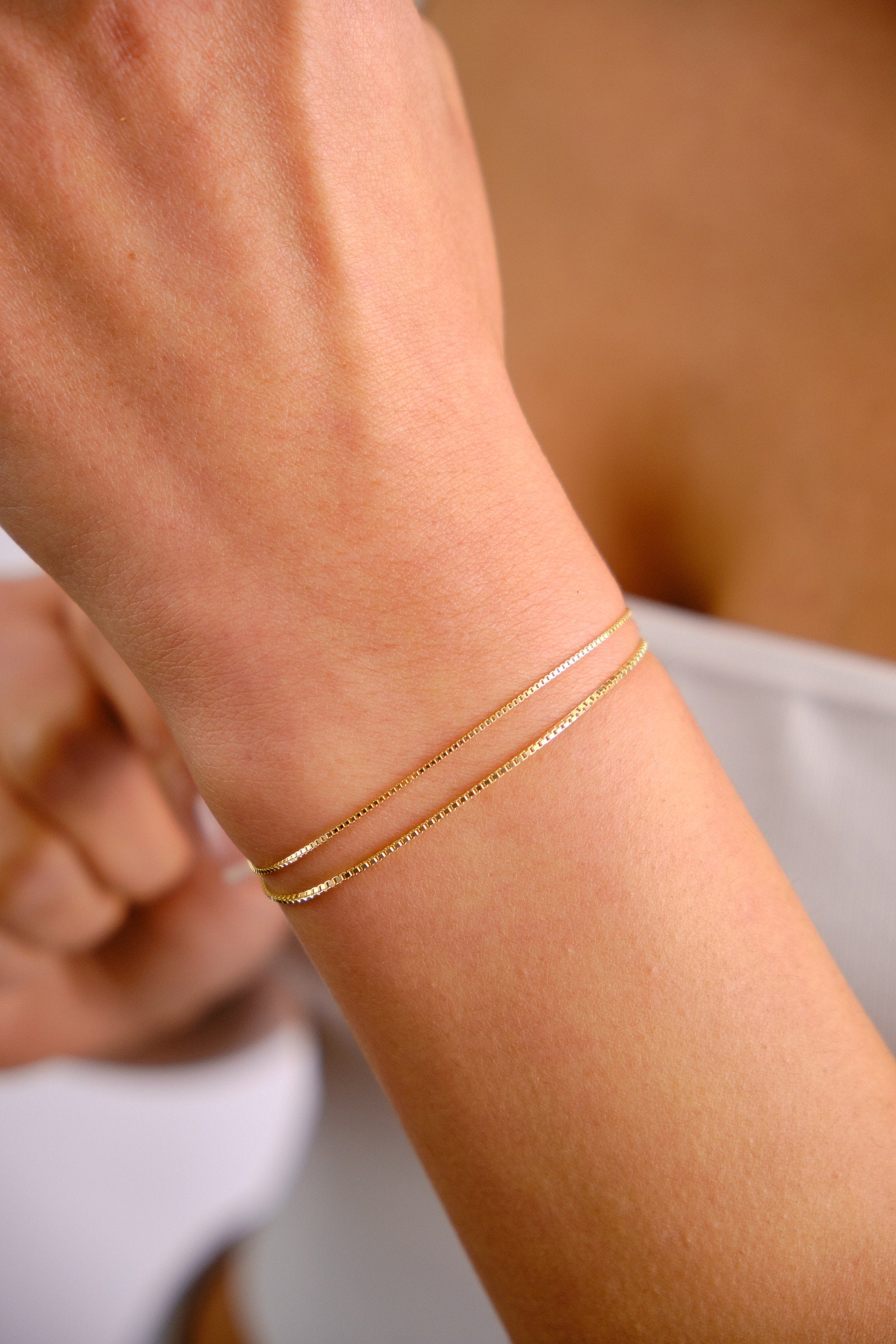 14K Gold Box Chain Bracelet, 0.75mm 1mm Box Chain Bracelet, Shiny Box Chain Anklet, Dainty Layered Bracelet, Simple Chain Bracelet