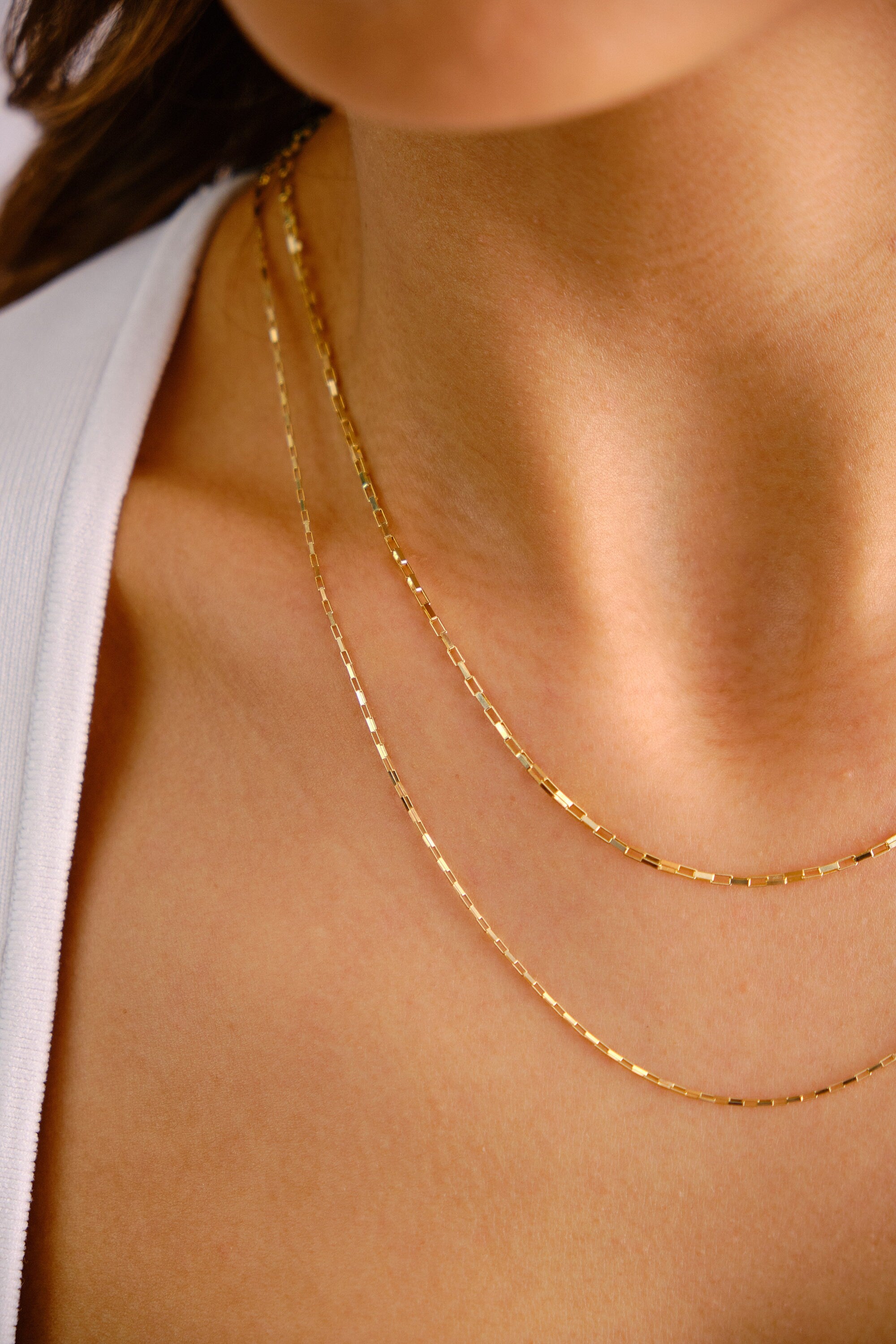 14K Gold Rectangle Box Chain Necklace, 0.90mm 1.35mm Tiny Link Gold Chain Choker, Gold Paperclip Venetian Box Chain, Layering Elongated Link