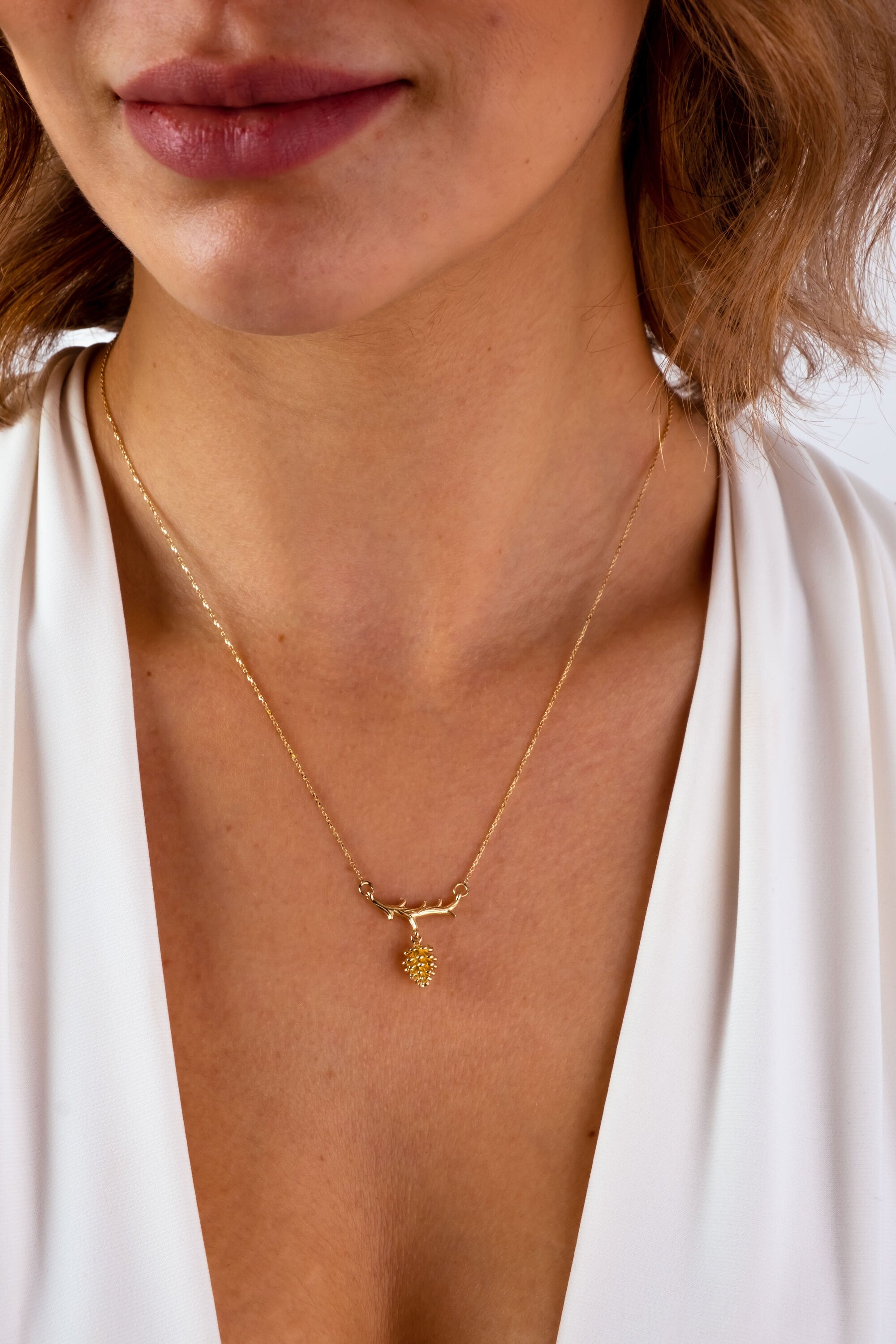 14K Solid Gold Pine Cone Necklace, Tree Charm Pendant, Chain Necklace, Delicate Pendant, Anniversary, Minimalist Gift For Her, Jewelry