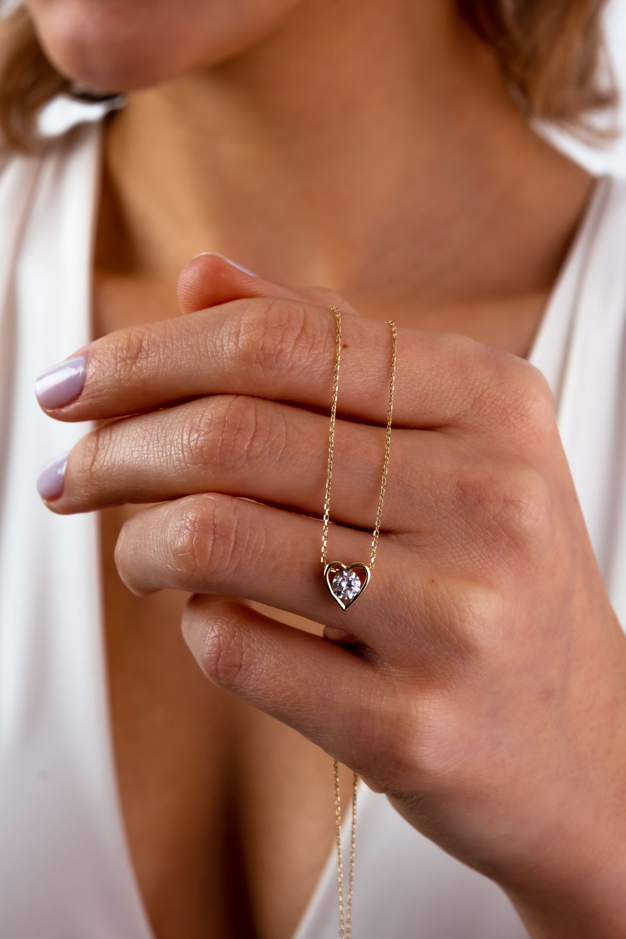 14K Gold Diamond Heart Necklace, Diamond Dainty Pendant, Small Love Charm, Meaningful Necklace, Gift for Her, Good Fortune Symbol, Delicate