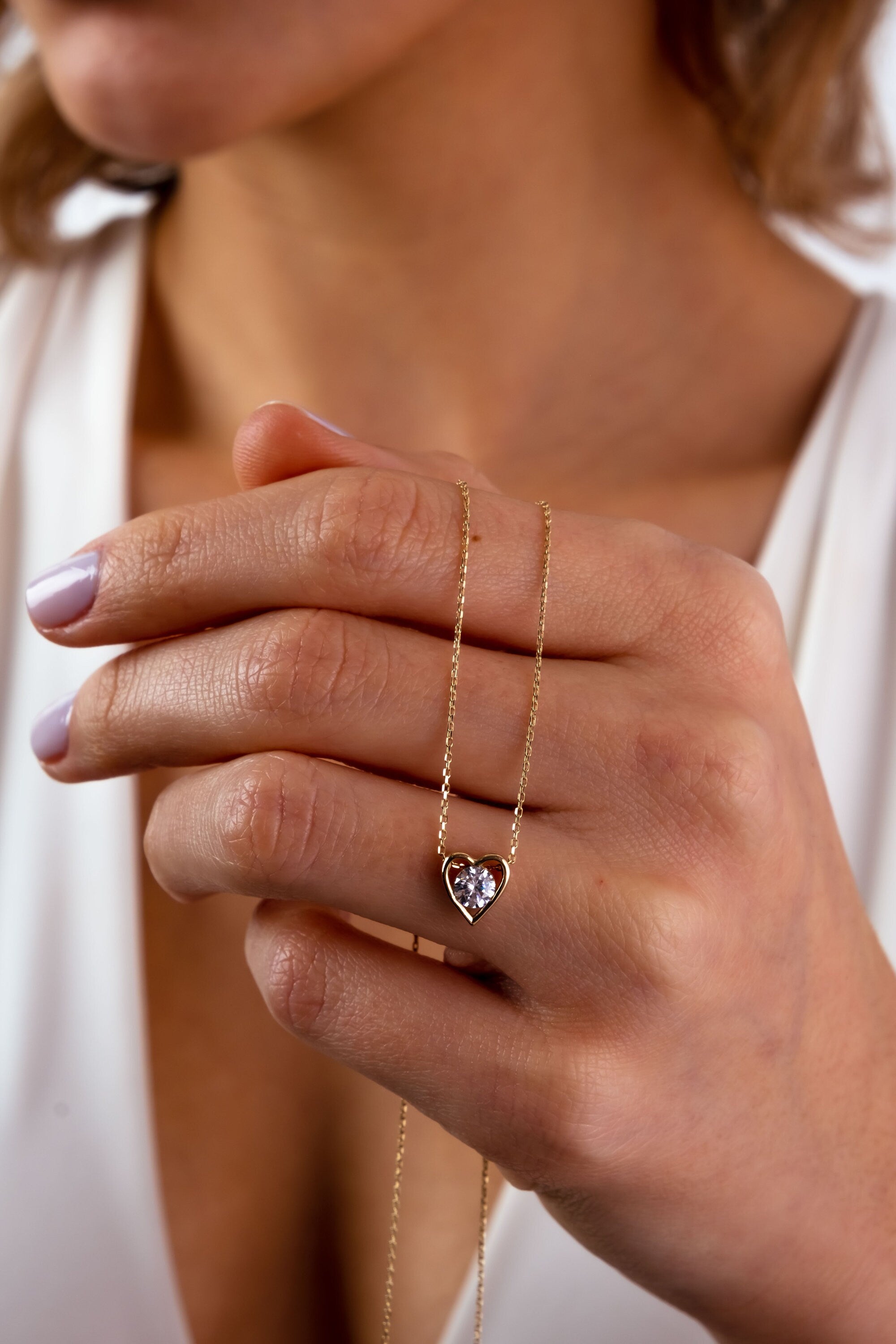 14K Gold Diamond Heart Necklace, Diamond Dainty Pendant, Small Love Charm, Meaningful Necklace, Gift for Her, Good Fortune Symbol, Delicate