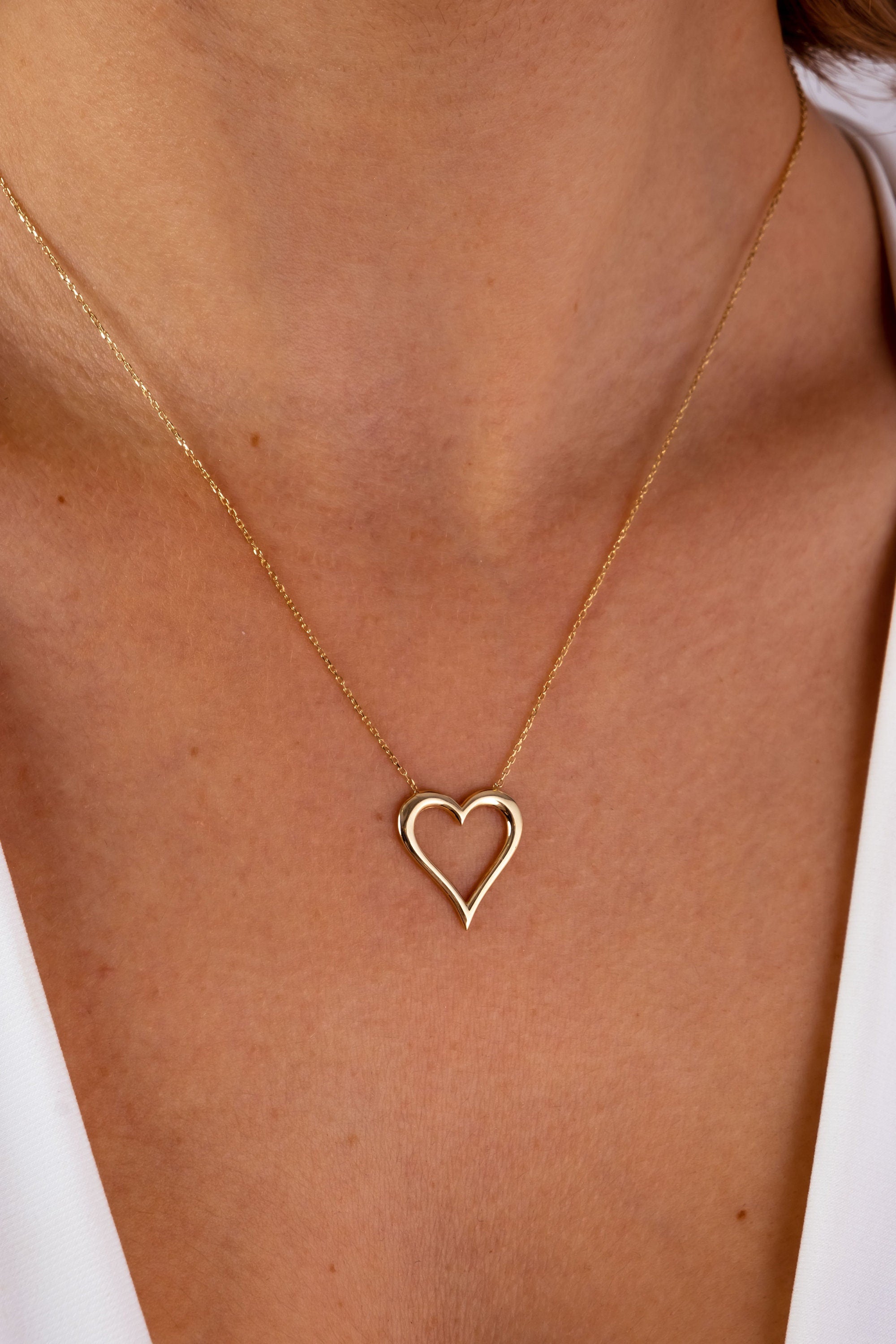14K Gold Open Heart Necklace, Heart Pendant Necklace, Heart Outline Necklace, Love Charm Choker, Forever Love Necklace, Anniversary Gift