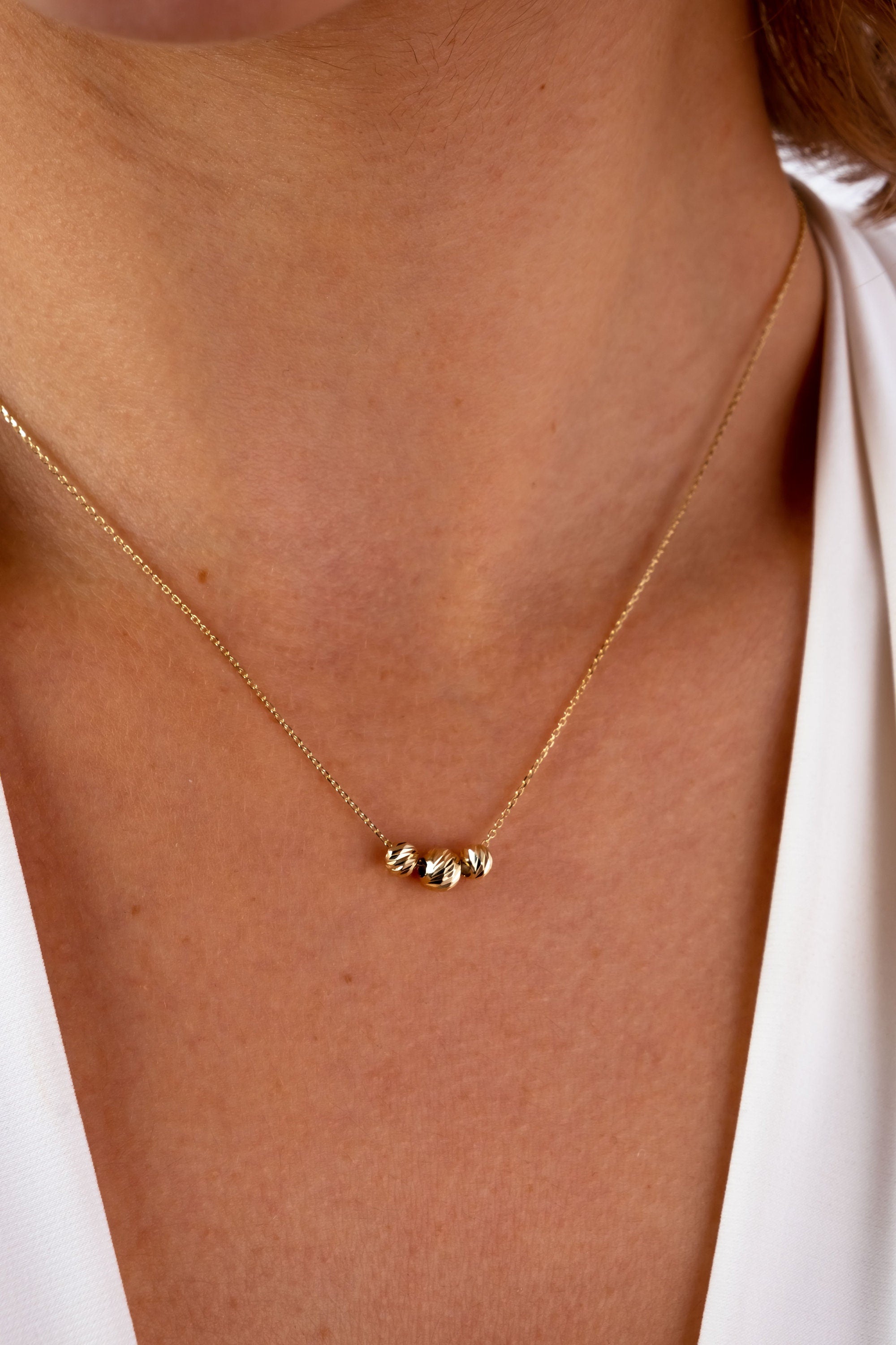 14K Gold Spheres Necklace, Textured Triple Balls Pendant Necklace, Geometric Shaped Three Beads Charm Pendant, Round Bead Necklace