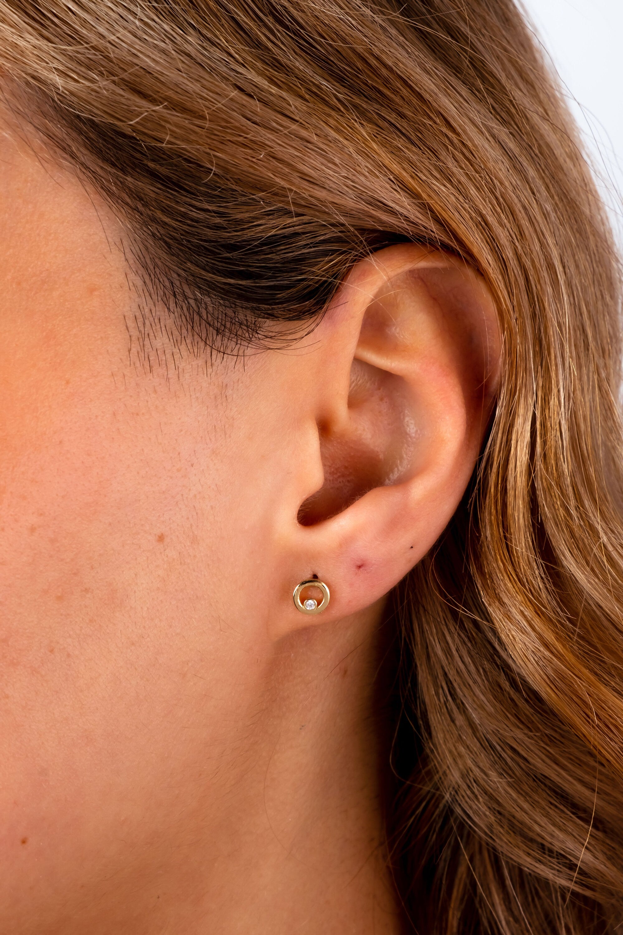 14K Gold CZ Diamond Circle Stud Earrings, Circle Shape Studs, Round Earrings, Open Circle Studs, Geometric Earrings, Solid Gold Earrings
