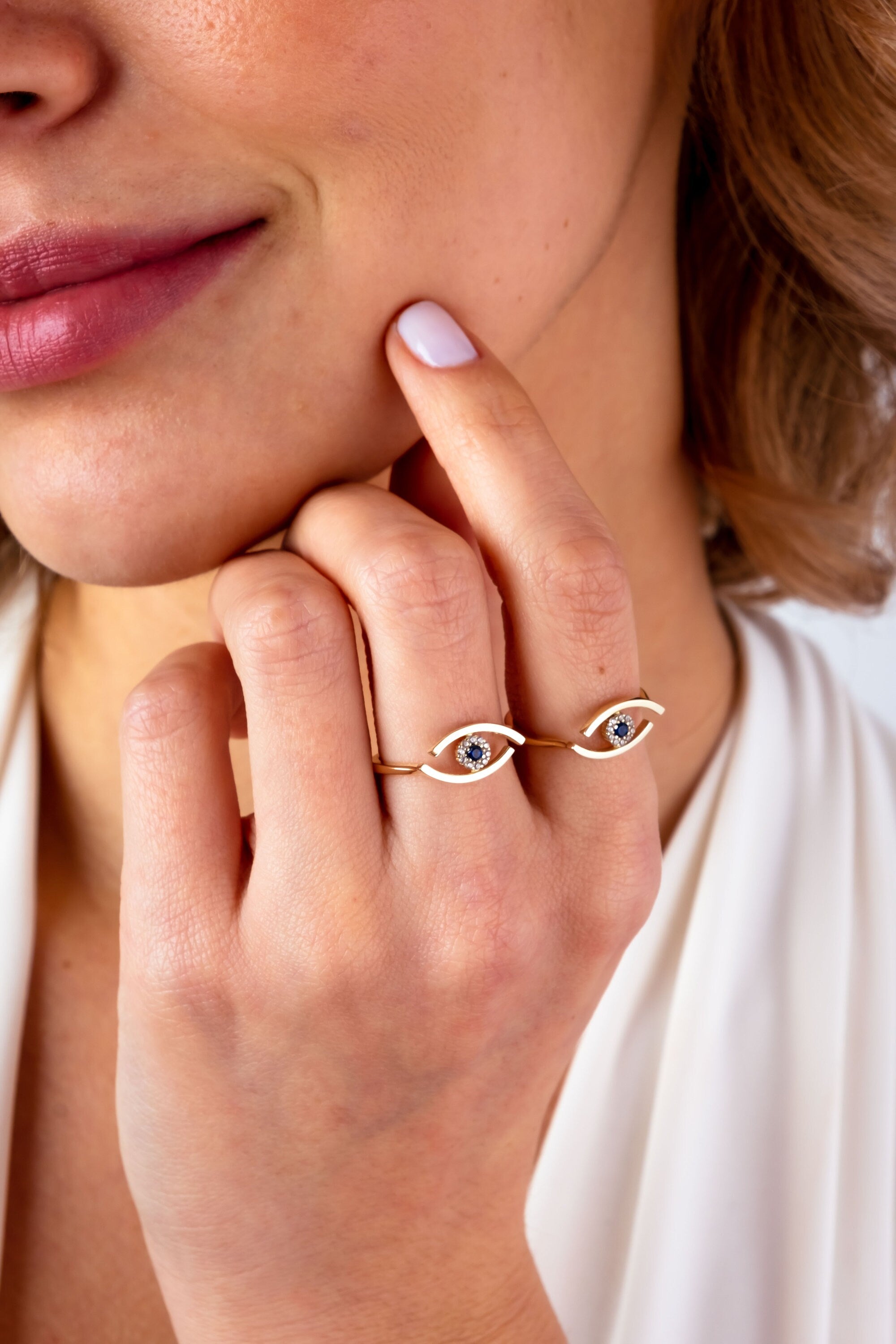 14K Gold Evil Eye Ring, Tiny Evil Eye Band Ring, Hamsa Pointer Ring, Sapphire Ring for Women, Third Eye Ring, Delicate Pinky Protection Ring