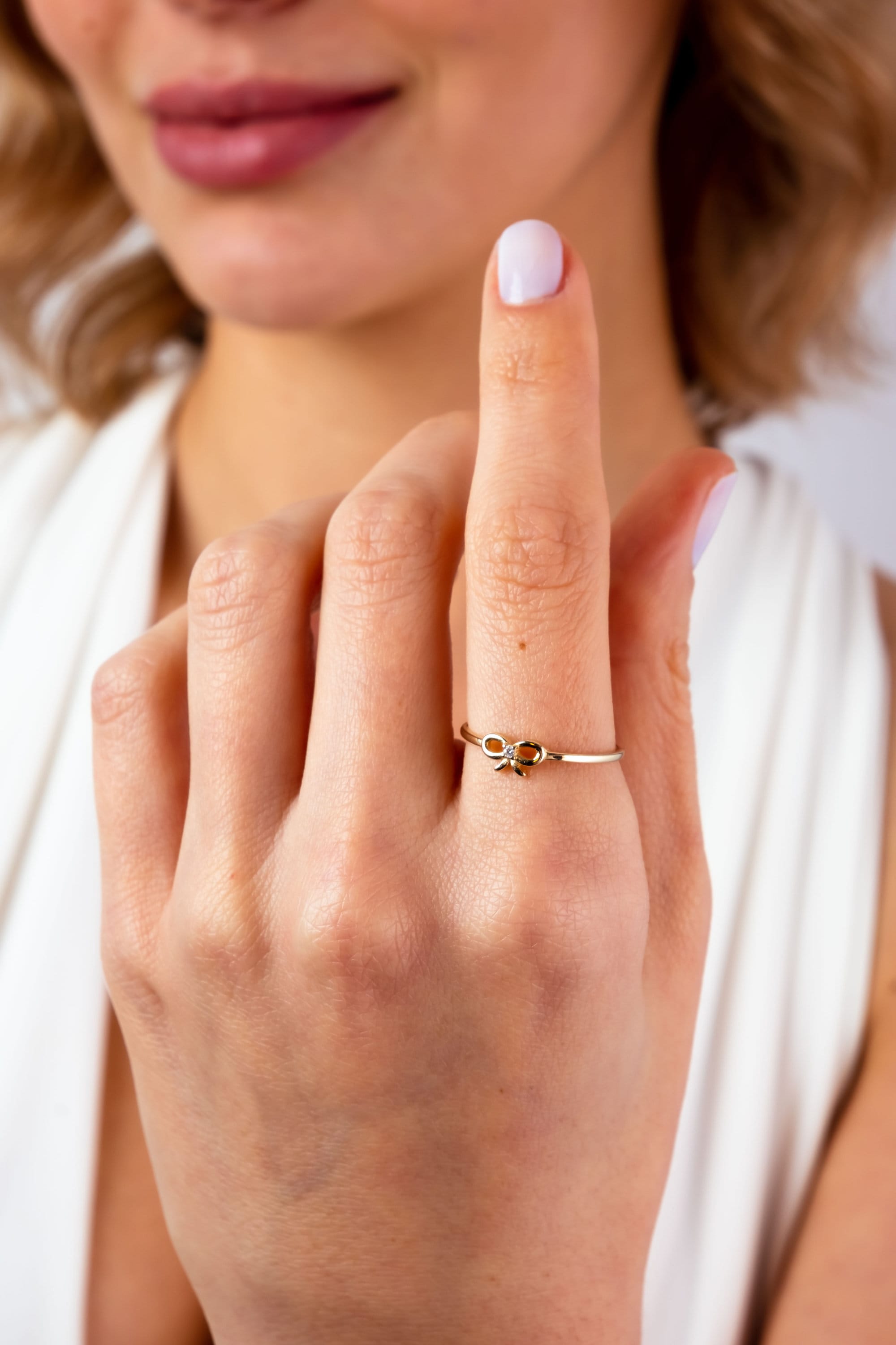 14K Gold Bow Tie Ring, Bow Tie Cz Diamond Band Ring, Mini Bow Ring, Ribbon Bow Ring, Dainty Style, Knot Ring, Promise Ring, Round Cz Diamond