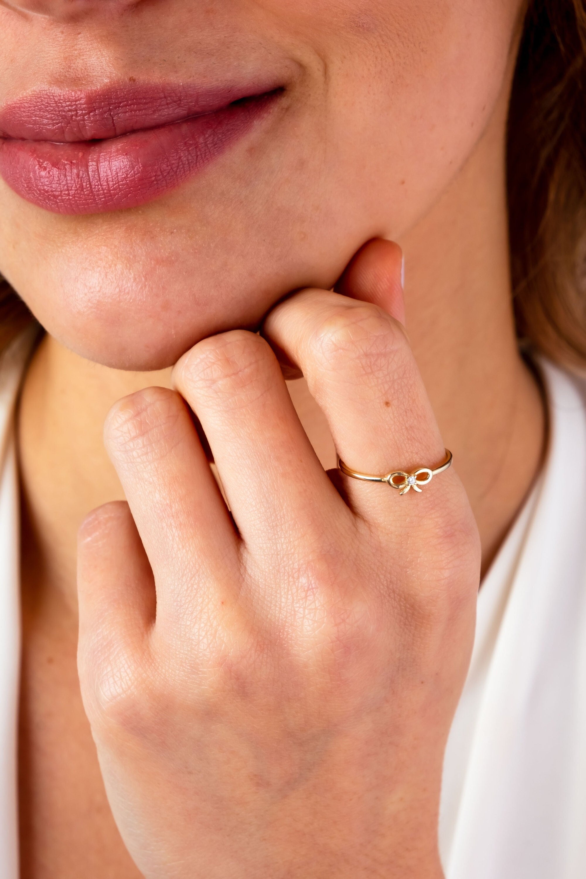 14K Gold Bow Tie Ring, Bow Tie Cz Diamond Band Ring, Mini Bow Ring, Ribbon Bow Ring, Dainty Style, Knot Ring, Promise Ring, Round Cz Diamond