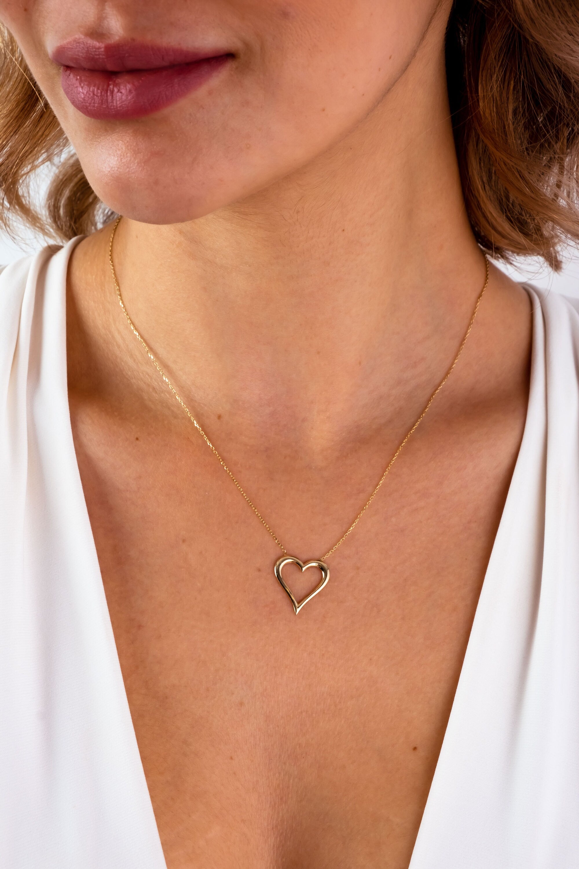 14K Gold Open Heart Necklace, Heart Pendant Necklace, Heart Outline Necklace, Love Charm Choker, Forever Love Necklace, Valentine's Day Gift