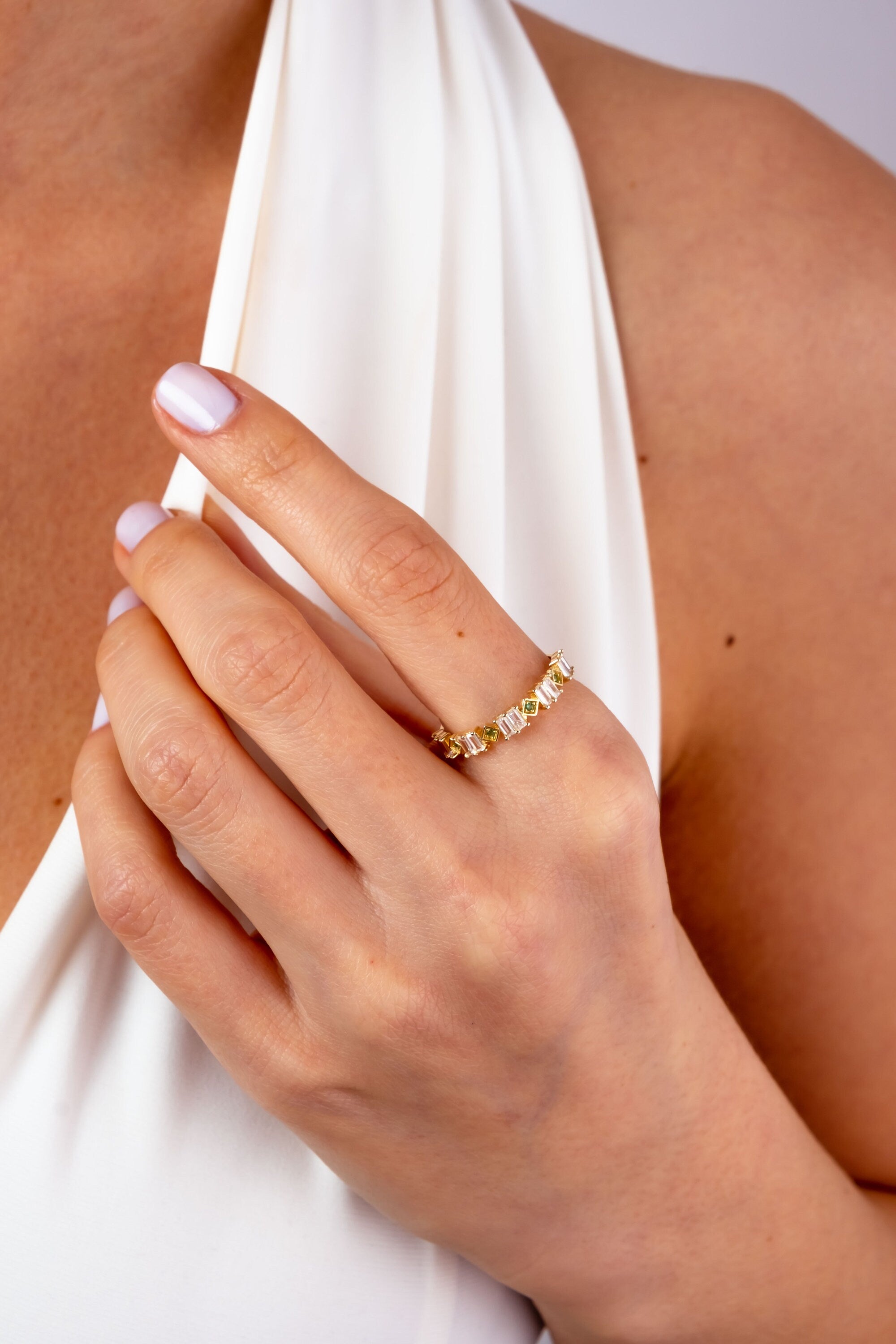 14K Gold Baguette Cz Diamond Ring, Emerald Eternity Ring, Cz Diamond Eternity Band, Wedding Ring, Stackable Baguette Green Gemstone Ring