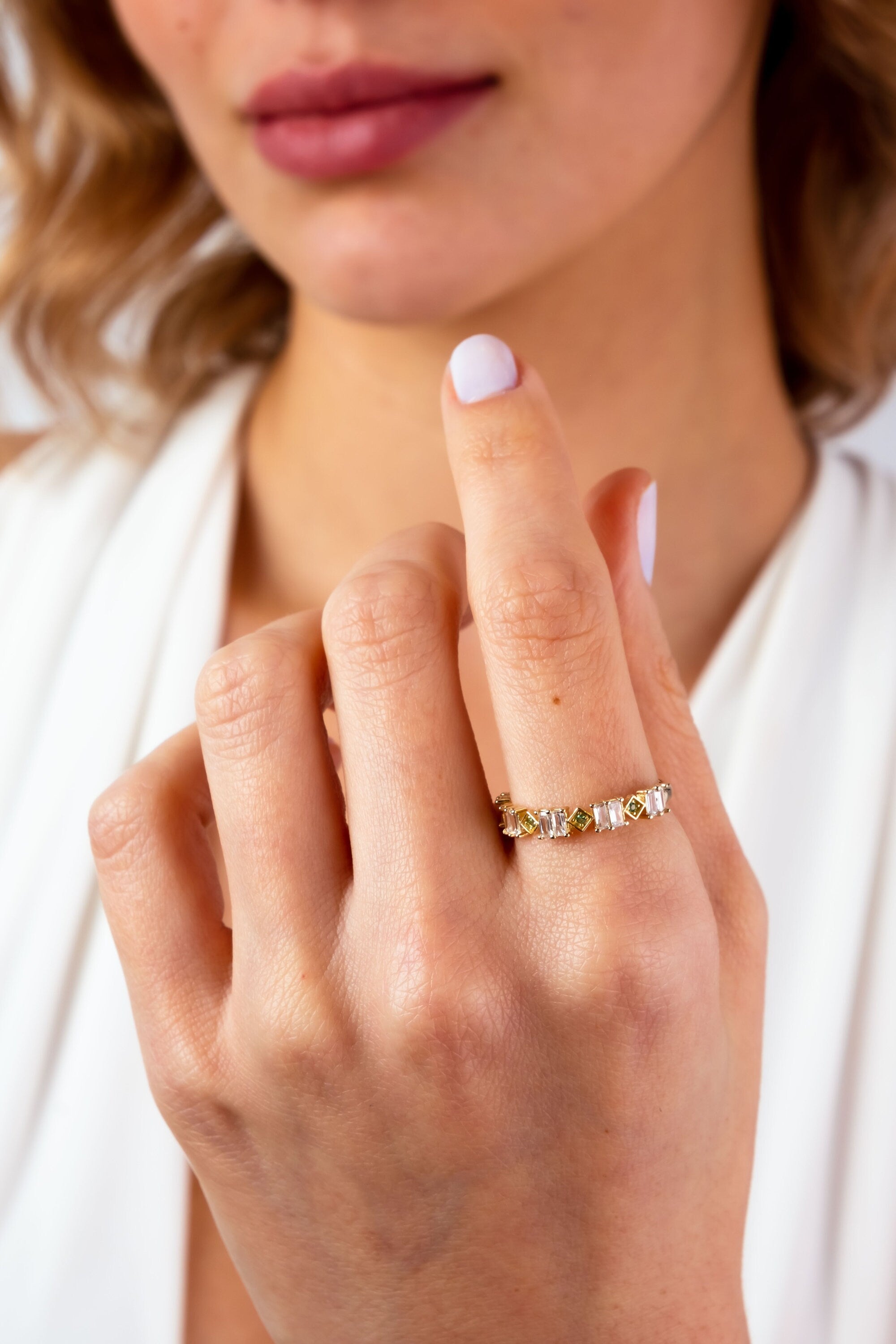 14K Gold Baguette Cz Diamond Ring, Emerald Eternity Ring, Cz Diamond Eternity Band, Wedding Ring, Stackable Baguette Green Gemstone Ring