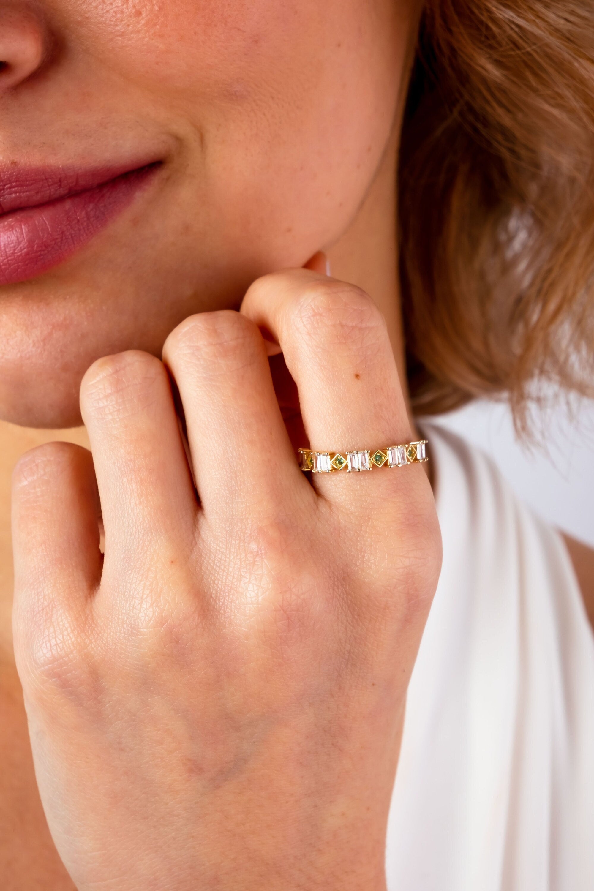 14K Gold Baguette Cz Diamond Ring, Emerald Eternity Ring, Cz Diamond Eternity Band, Wedding Ring, Stackable Baguette Green Gemstone Ring