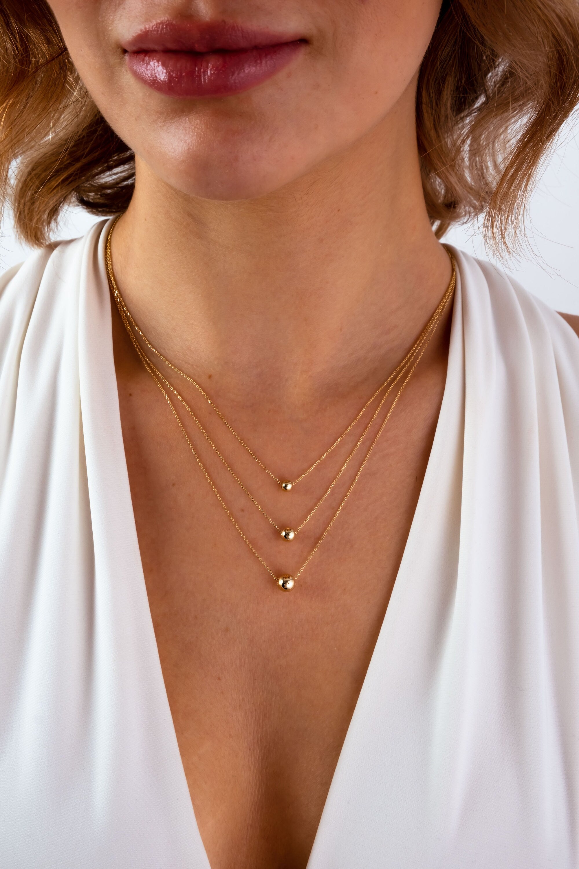 14K Gold Ball Necklace, 3 4 5 mm Gold Ball Necklace, Gold Sphere Necklace, Round Bead Floating Necklace, Dainty Gold Tiny Bead Choker