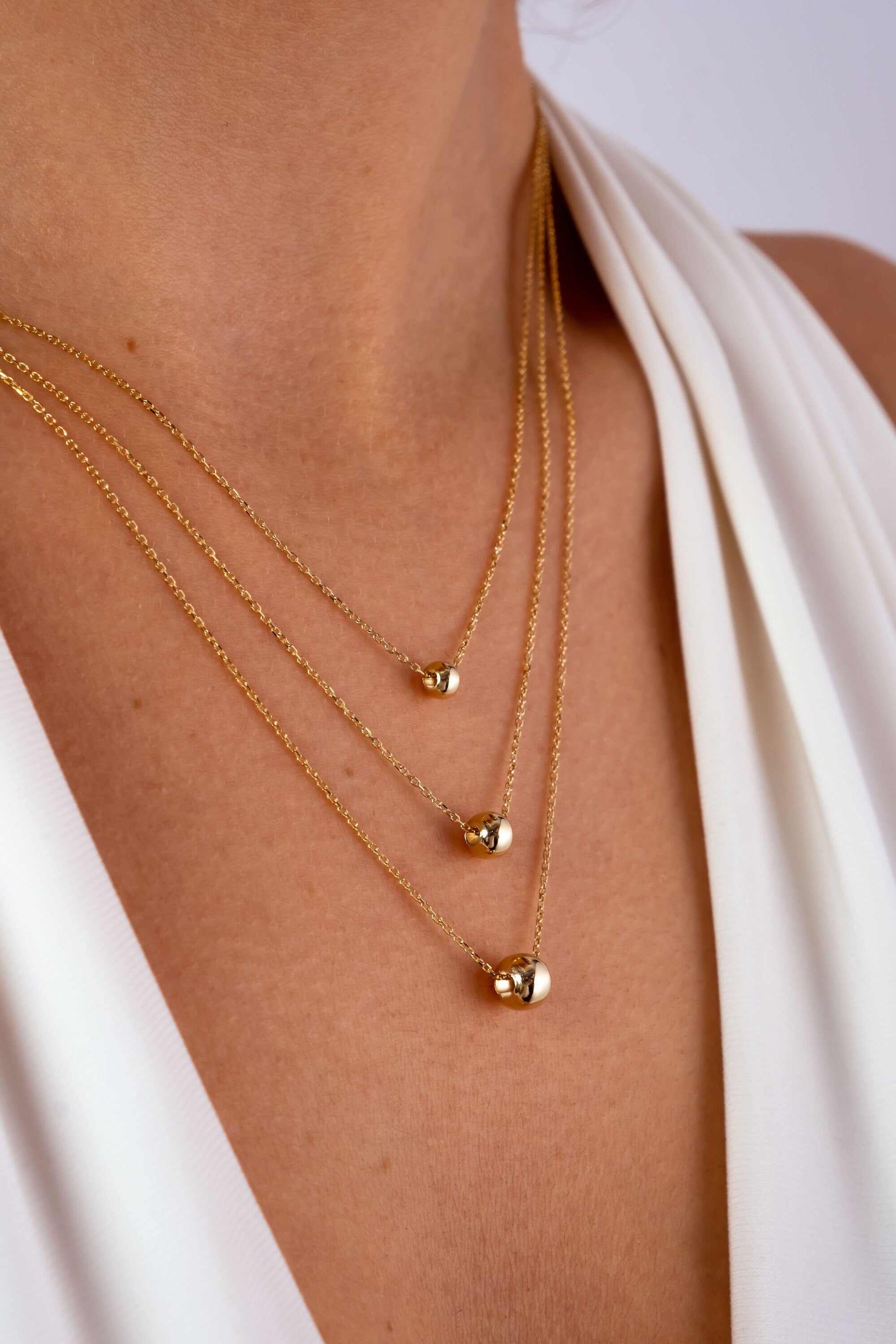 14K Gold Ball Necklace, 3 4 5 mm Gold Ball Necklace, Gold Sphere Necklace, Round Bead Floating Necklace, Dainty Gold Tiny Bead Choker
