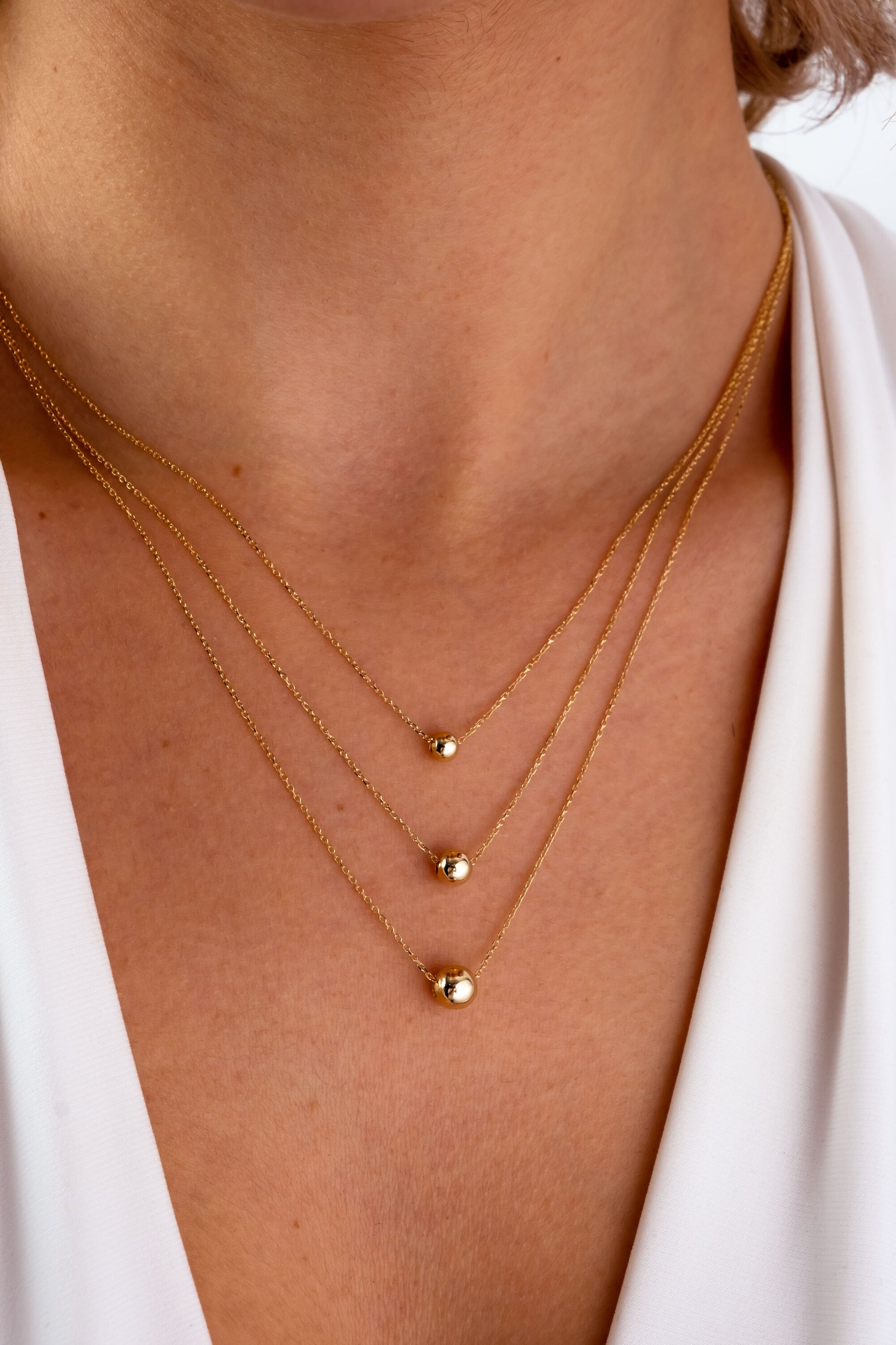 14K Gold Ball Necklace, 3 4 5 mm Gold Ball Necklace, Gold Sphere Necklace, Round Bead Floating Necklace, Dainty Gold Tiny Bead Choker